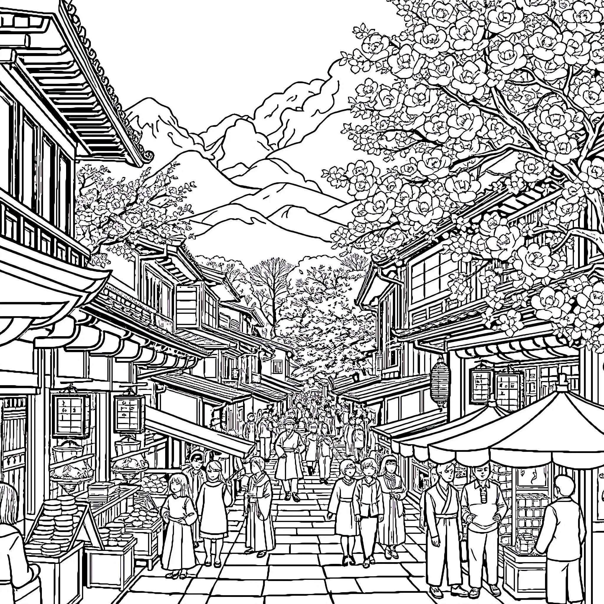 Edo-era bustling marketplace with people and cherry blossoms Coloring Page (free black-and-white line drawing printable PDF for all, from beginners to advanced learners, including children, teens, adults, and seniors)