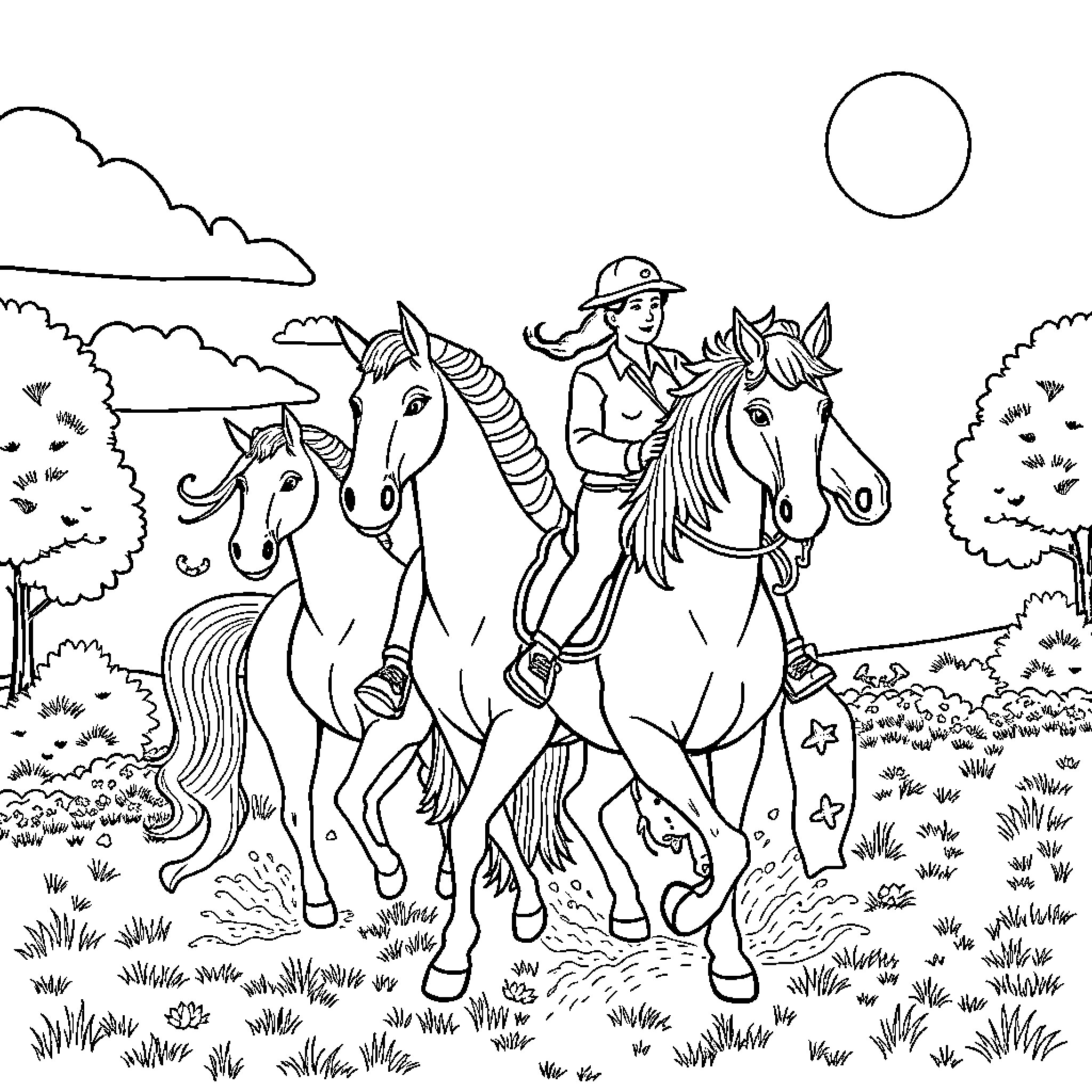 Unicorn riders exploring the magical landscape Coloring Page (free black-and-white line drawing printable PDF for all, from beginners to advanced learners, including children, teens, adults, and seniors)