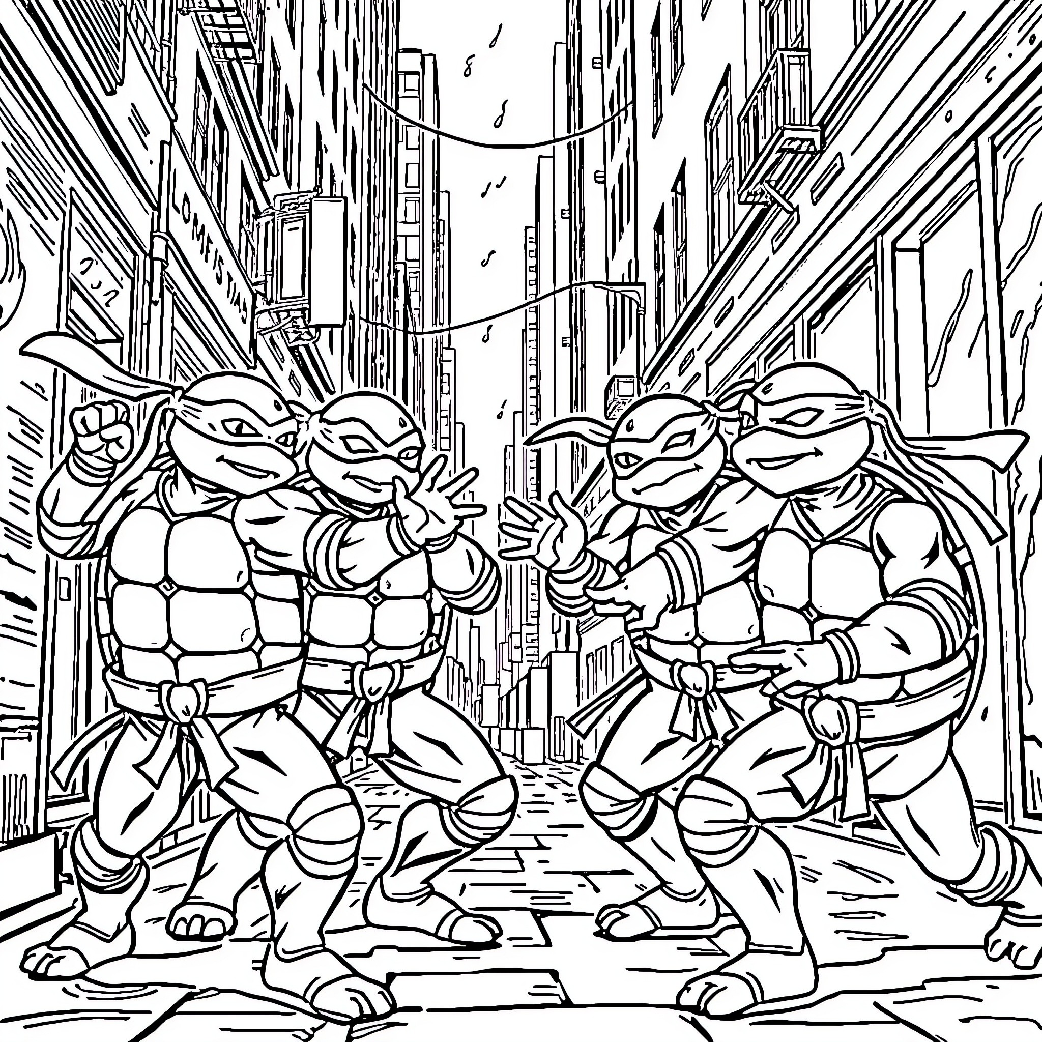 Teenage Mutant Ninja Turtles battling in the city Coloring Page (free black-and-white line drawing printable PDF for all, from beginners to advanced learners, including children, teens, adults, and seniors)