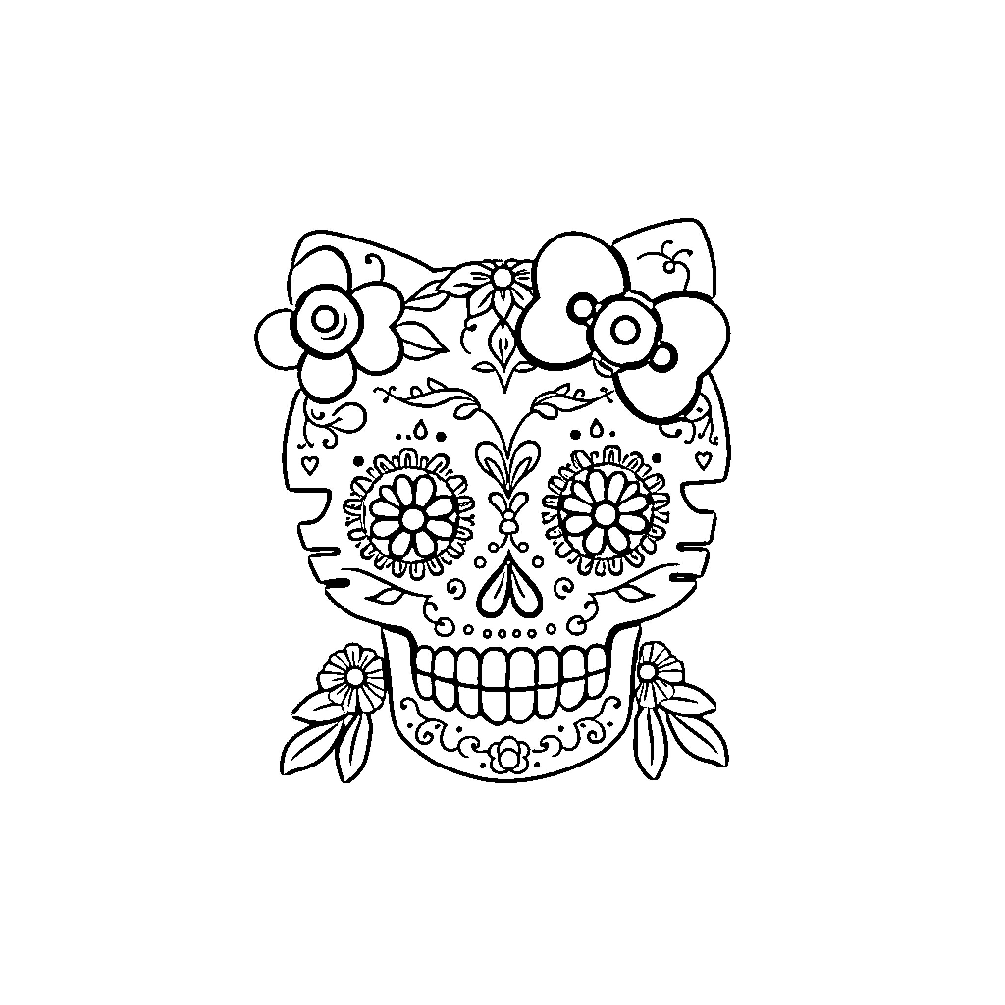 Hello Kitty decorated sugar skull with flowers Coloring Page (free black-and-white line drawing printable PDF for all, from beginners to advanced learners, including children, teens, adults, and seniors)