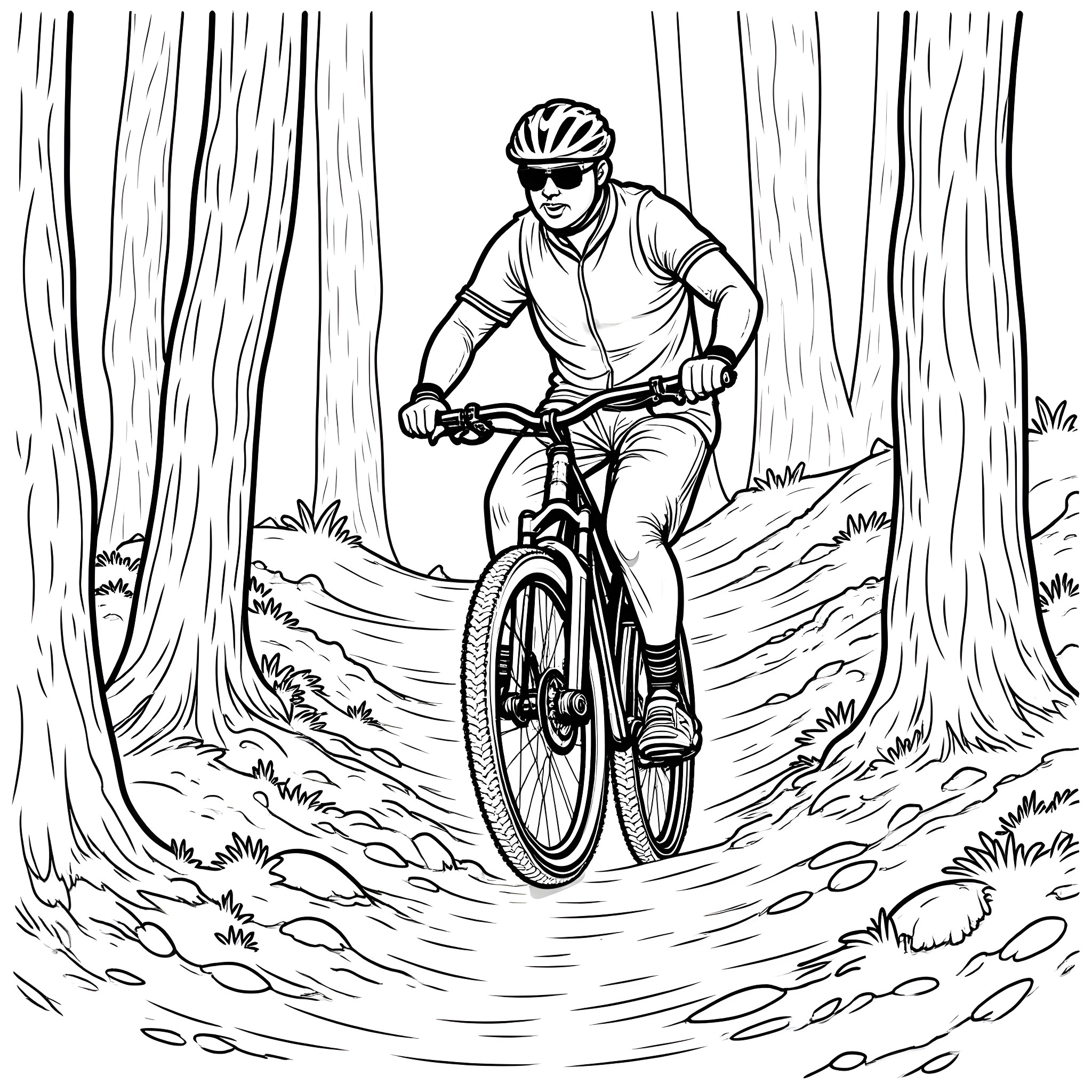 Josh Allen riding a bicycle through the forest Coloring Page (free black-and-white line drawing printable PDF for all, from beginners to advanced learners, including children, teens, adults, and seniors)