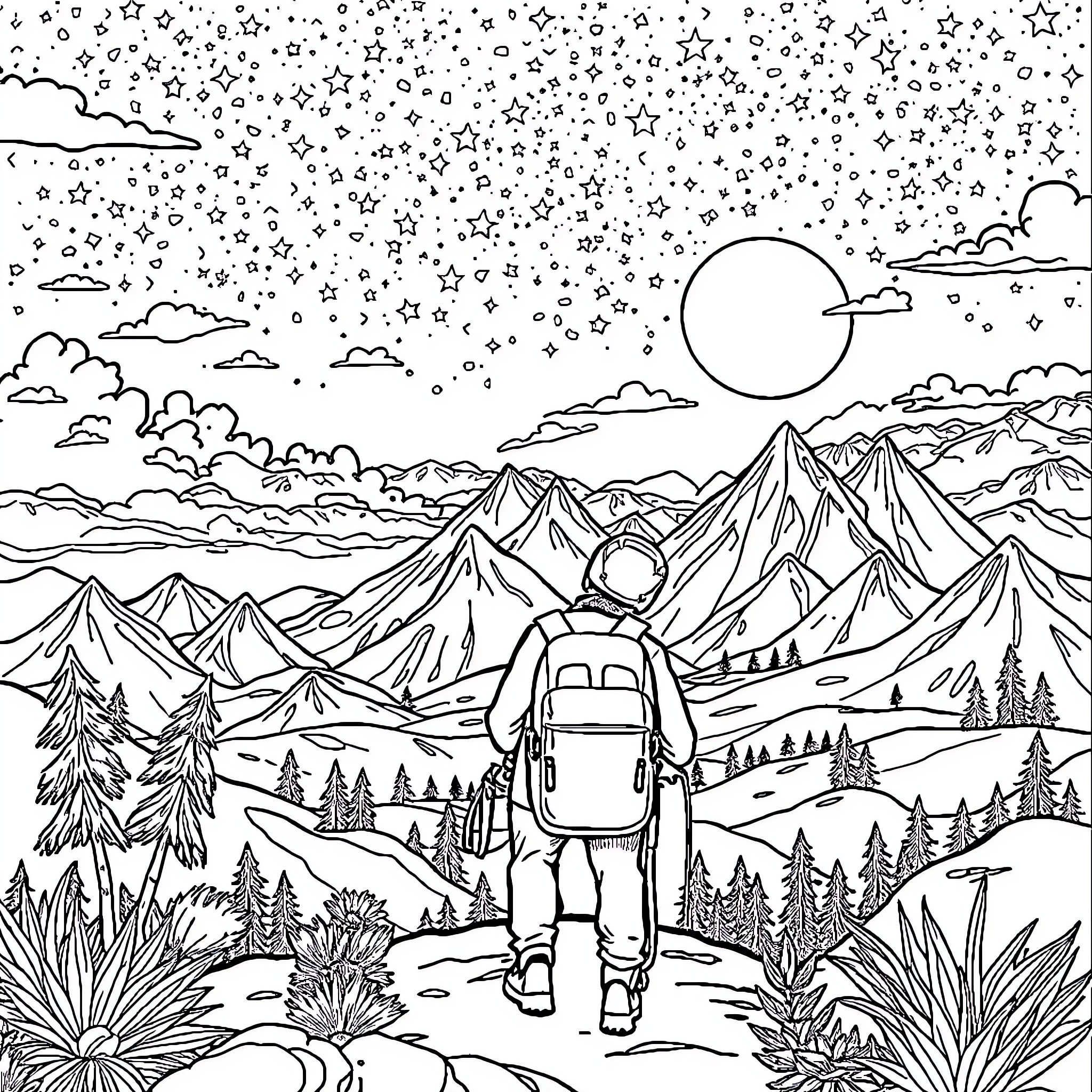 Adventure in the Starry Mountain Landscape Coloring Page (free black-and-white line drawing printable PDF for all, from beginners to advanced learners, including children, teens, adults, and seniors)