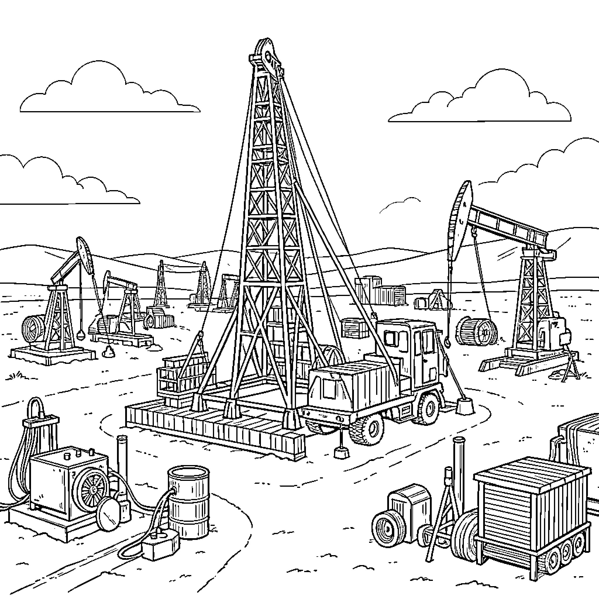 Rig operating in an industrial oil field landscape Coloring Page (free black-and-white line drawing printable PDF for all, from beginners to advanced learners, including children, teens, adults, and seniors)