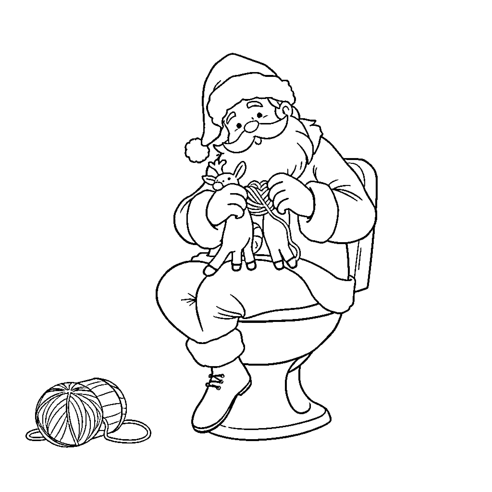 Santa knitting a cozy winter sweater Coloring Page (free black-and-white line drawing printable PDF for all, from beginners to advanced learners, including children, teens, adults, and seniors)