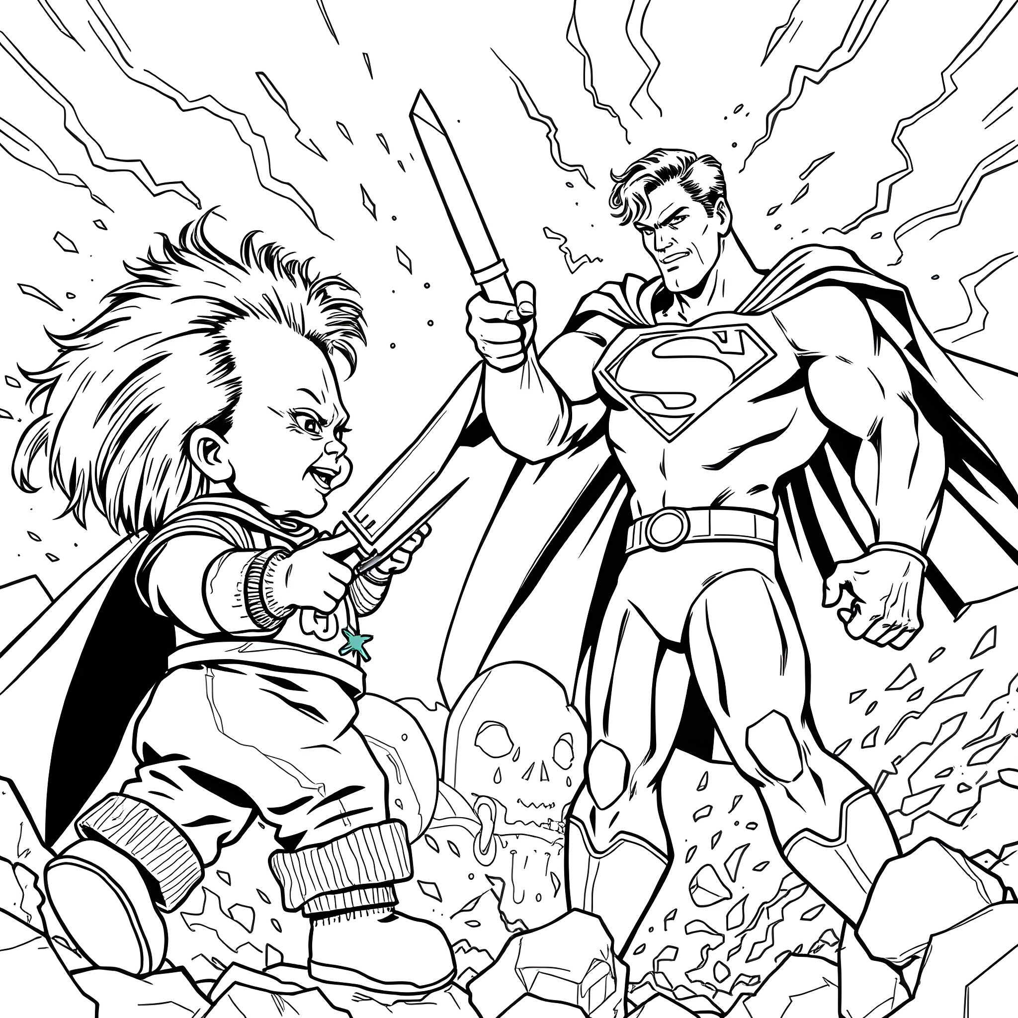 Chucky's Showdown with the Man of Steel Coloring Page (free black-and-white line drawing printable PDF for all, from beginners to advanced learners, including children, teens, adults, and seniors)