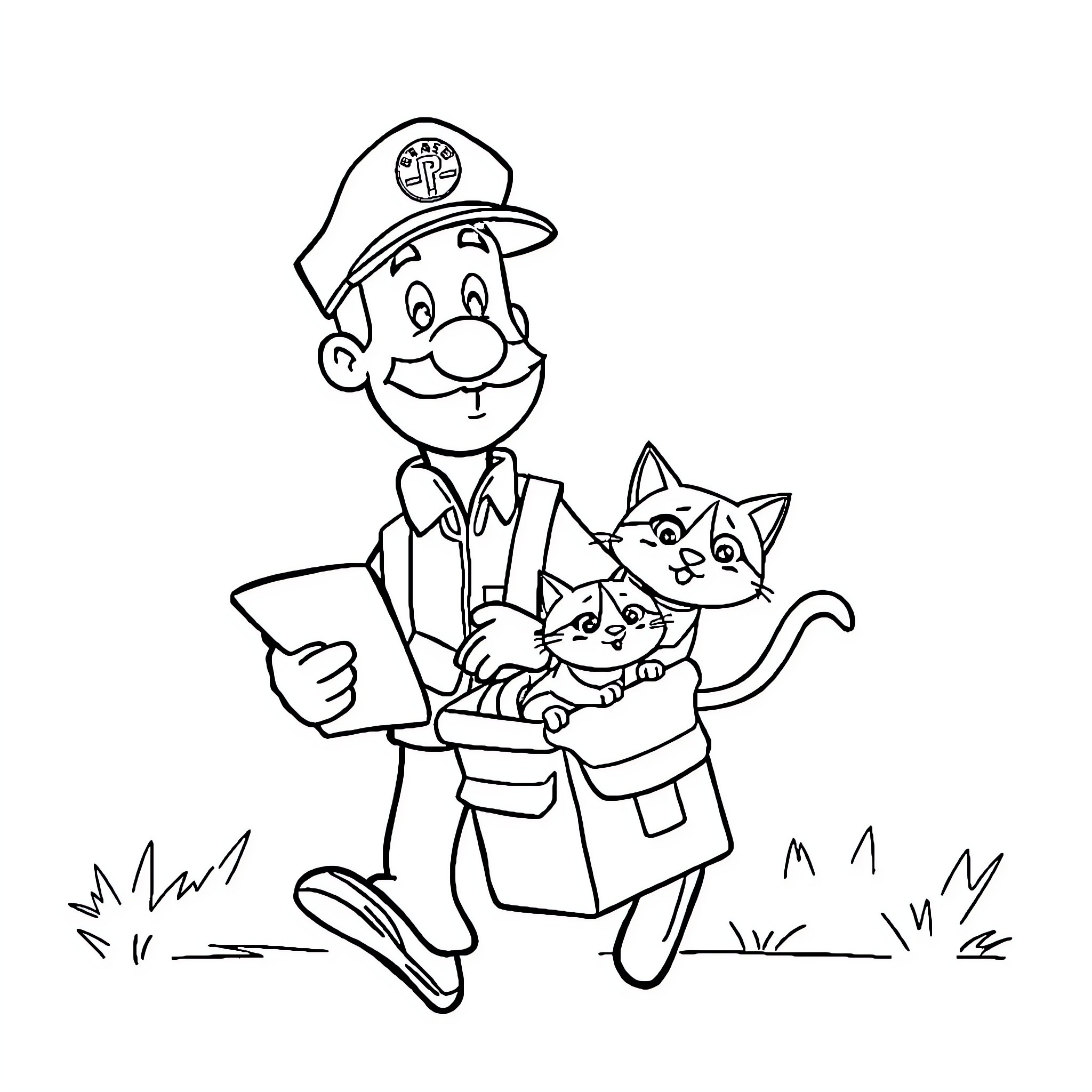 Postman Pat with Friendly Pets on the Job Coloring Page (free black-and-white line drawing printable PDF for all, from beginners to advanced learners, including children, teens, adults, and seniors)