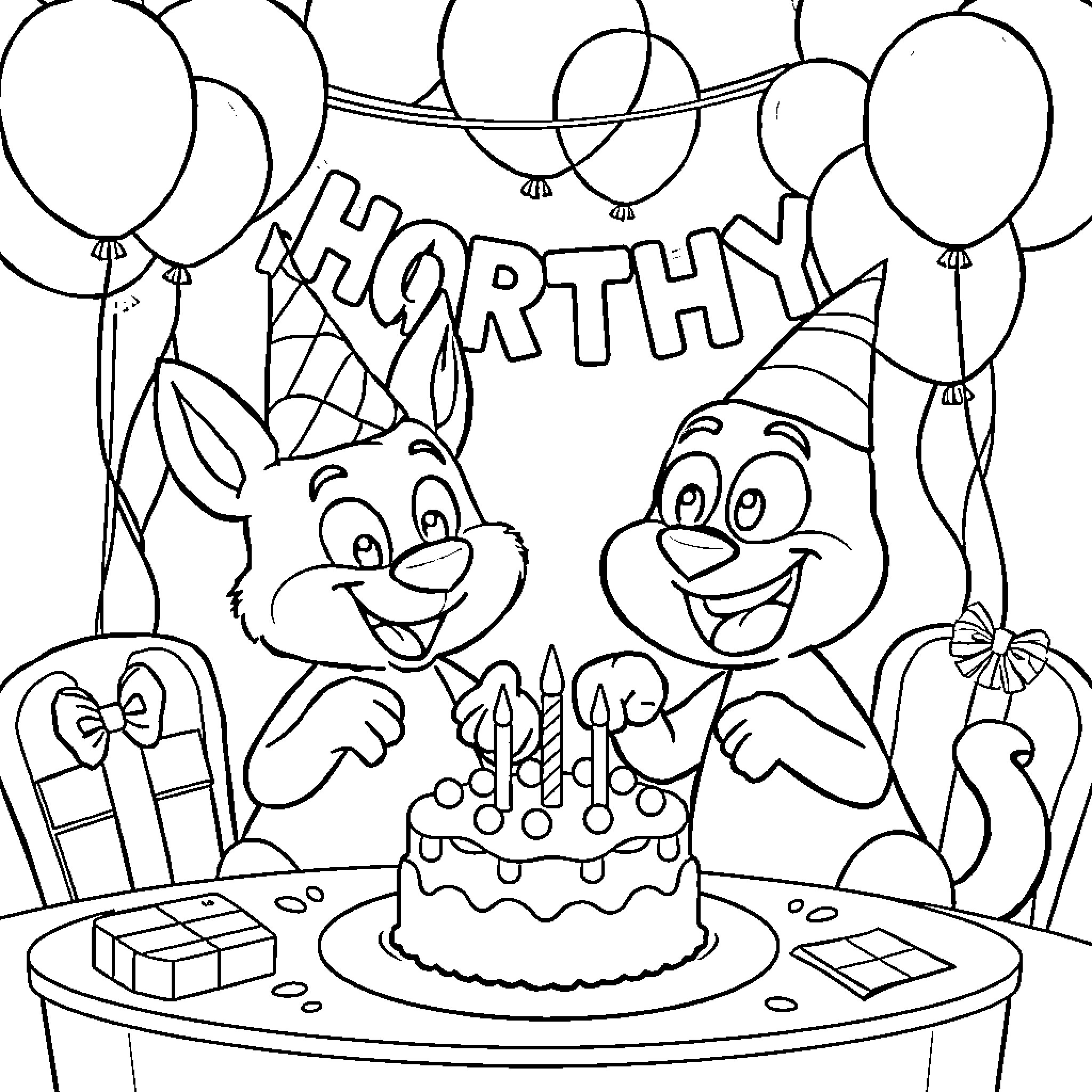 Bluey Celebrating a Happy Birthday Party Coloring Page (free black-and-white line drawing printable PDF for all, from beginners to advanced learners, including children, teens, adults, and seniors)