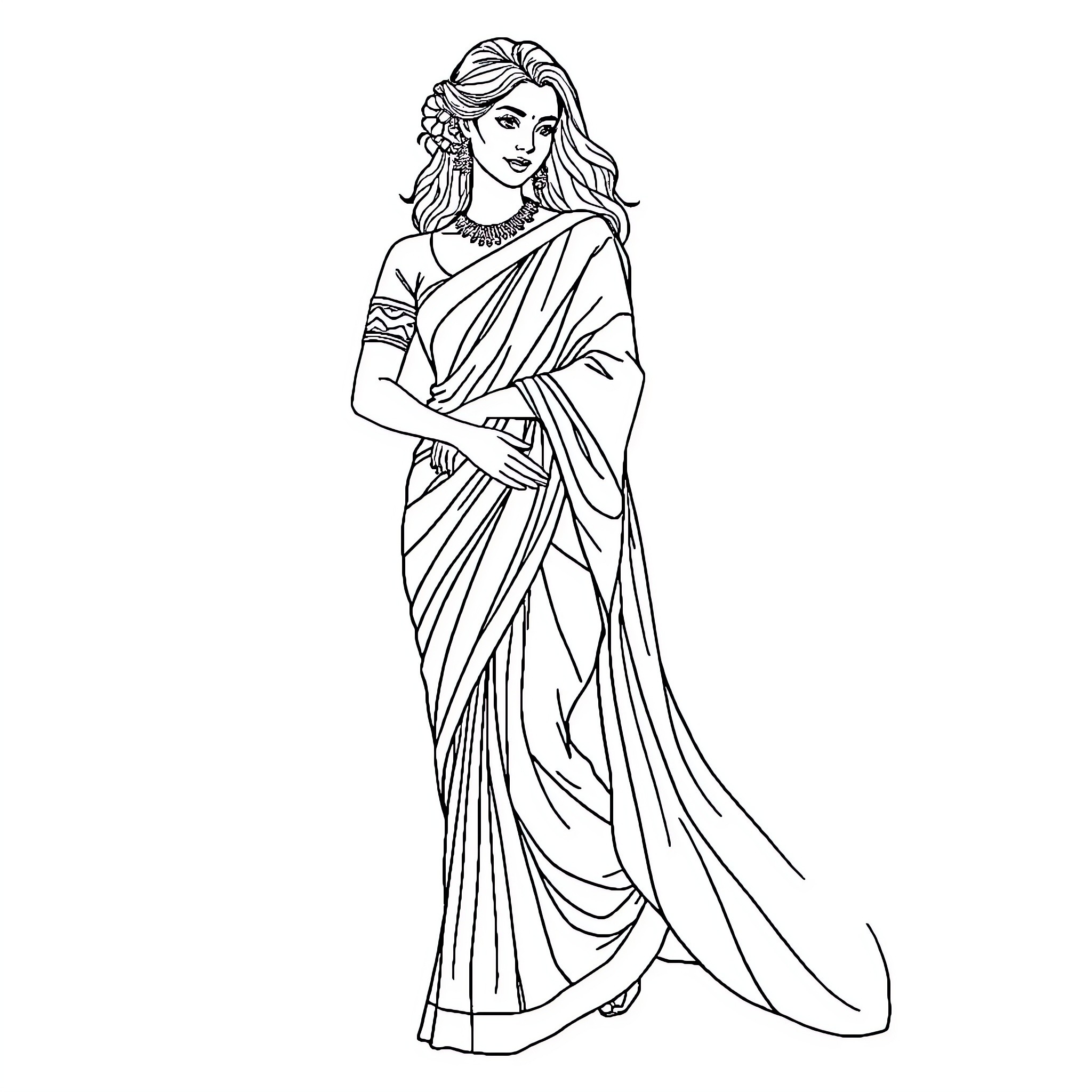 Girl in traditional Indian attire posing gracefully Coloring Page (free black-and-white line drawing printable PDF for all, from beginners to advanced learners, including children, teens, adults, and seniors)