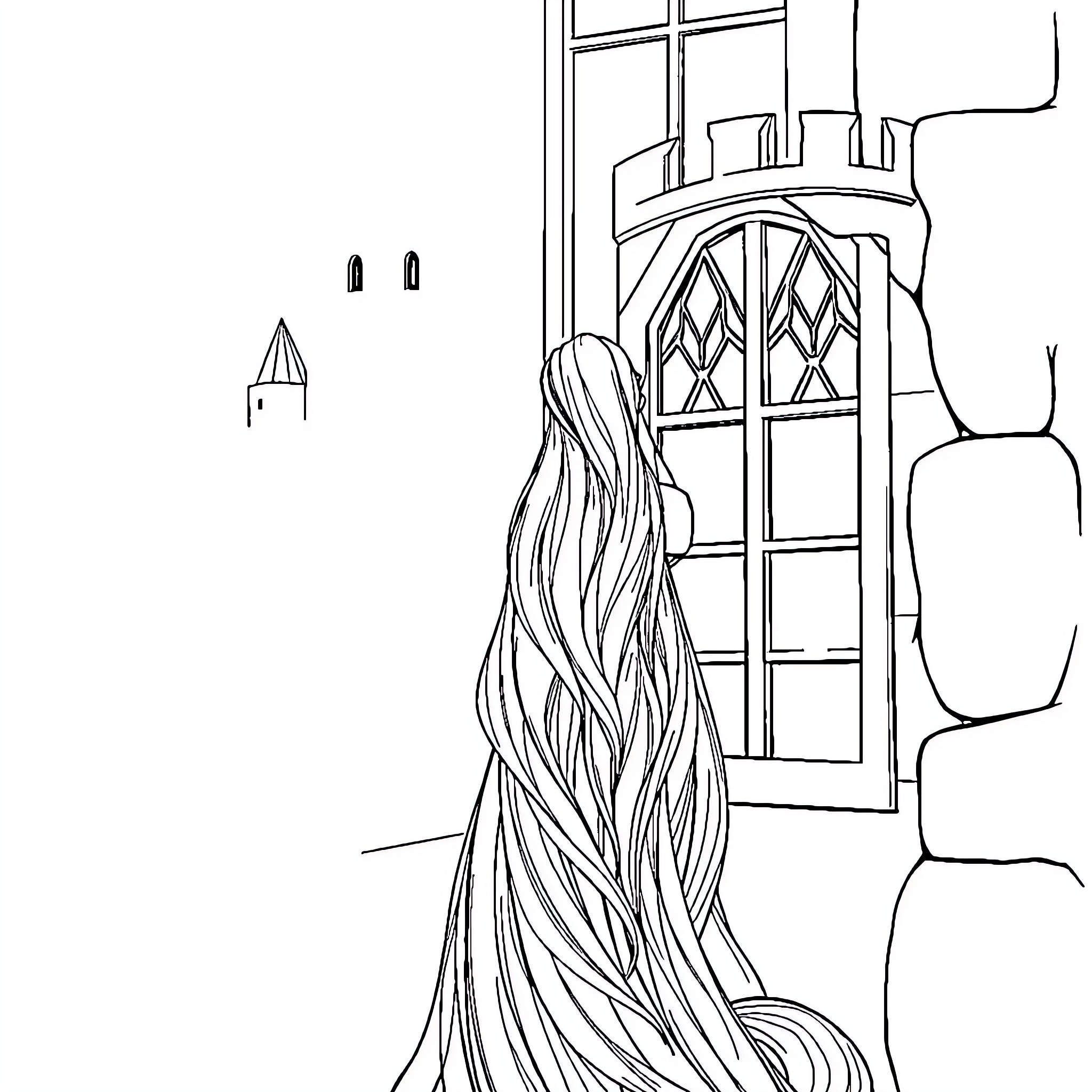 Rapunzel gazing from castle tower window Coloring Page (free black-and-white line drawing printable PDF for all, from beginners to advanced learners, including children, teens, adults, and seniors)