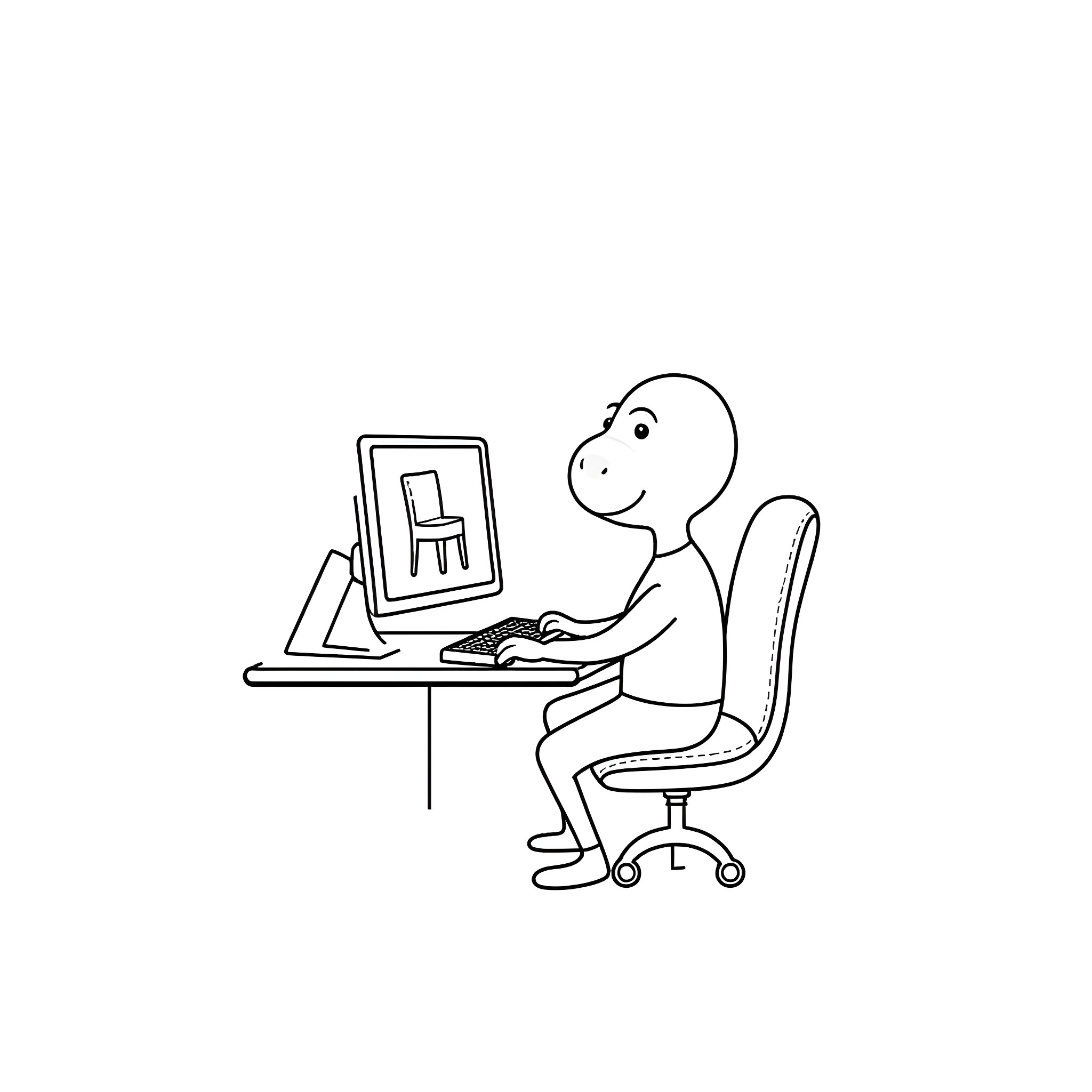 Bill Cipher working diligently at a computer desk Coloring Page (free black-and-white line drawing printable PDF for all, from beginners to advanced learners, including children, teens, adults, and seniors)