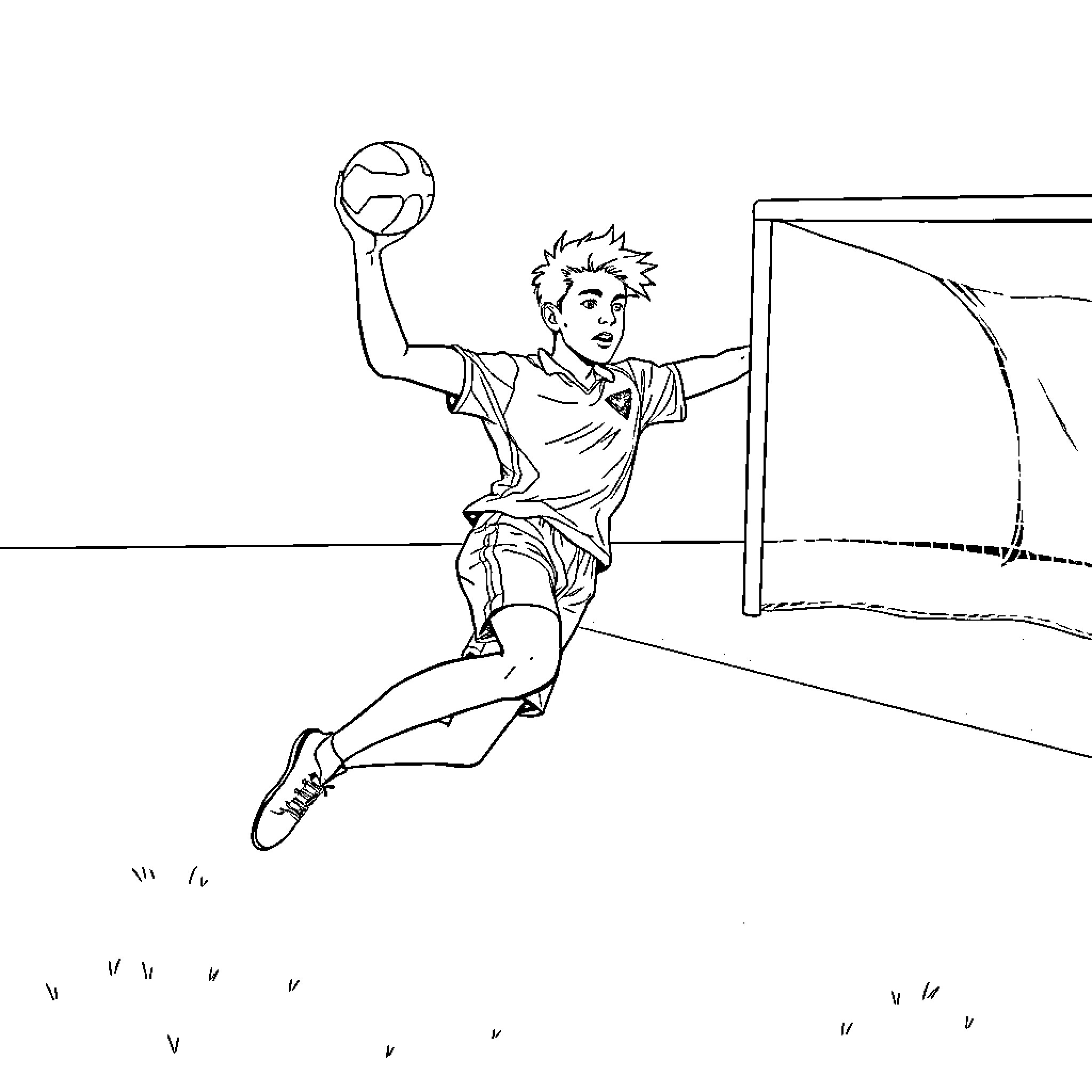 Boy playing handball in the court Coloring Page (free black-and-white line drawing printable PDF for all, from beginners to advanced learners, including children, teens, adults, and seniors)