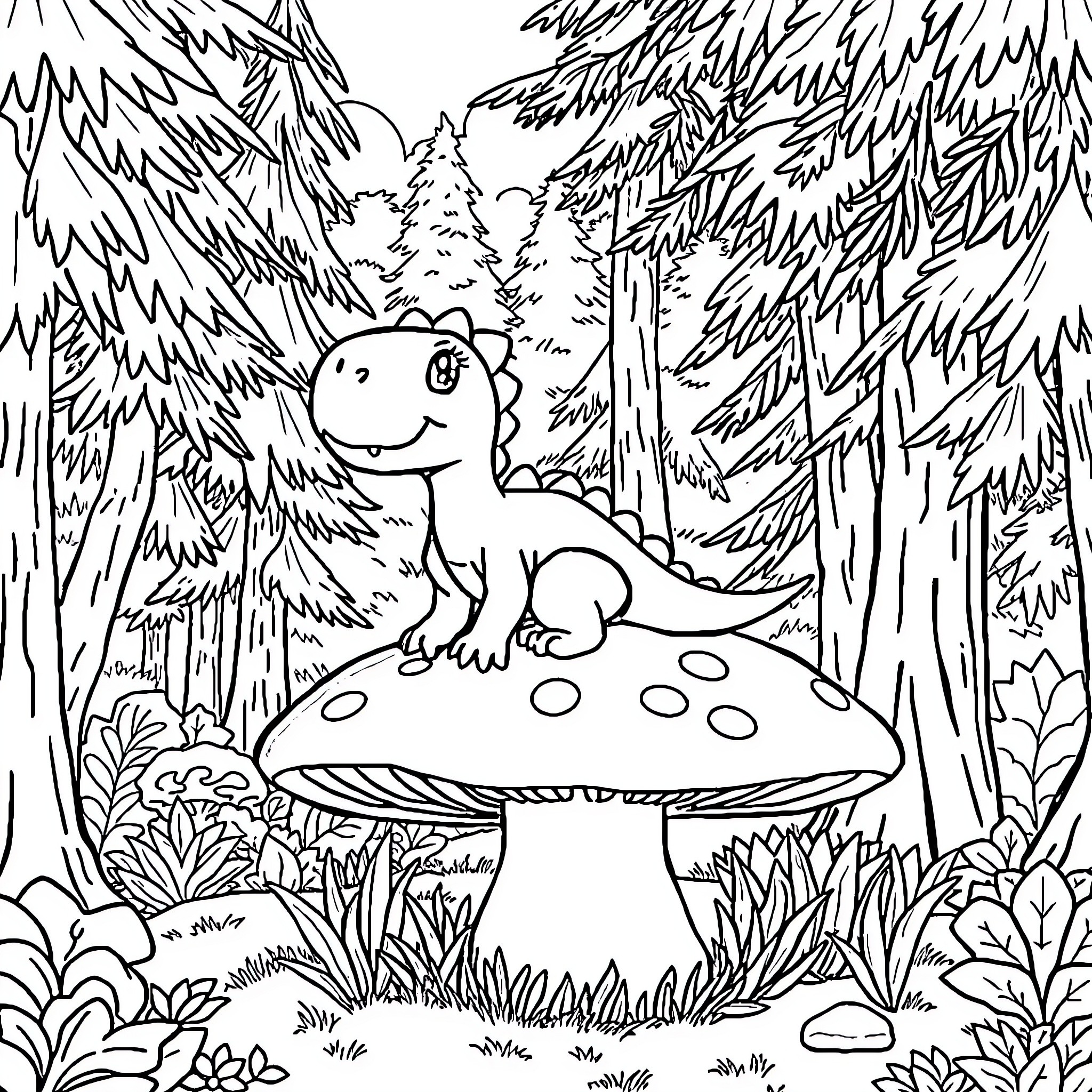 Dinosaur playing on a mushroom in the forest Coloring Page (free black-and-white line drawing printable PDF for all, from beginners to advanced learners, including children, teens, adults, and seniors)