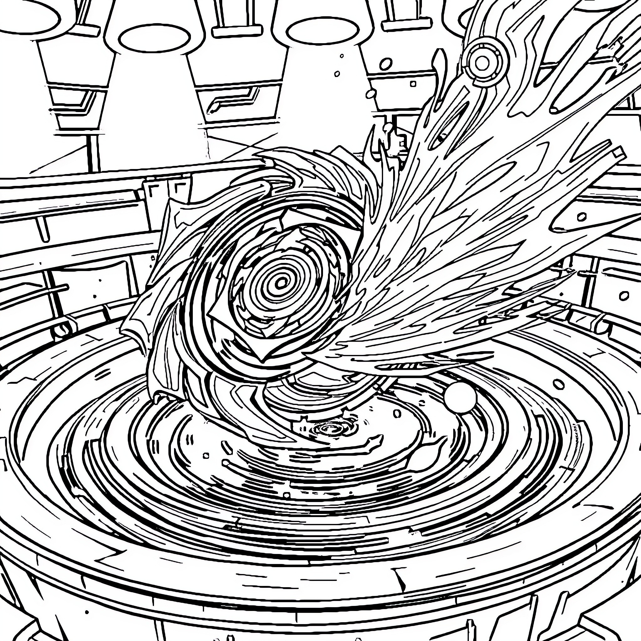 Beyblade tournament scene with intense spinning action Coloring Page (free black-and-white line drawing printable PDF for all, from beginners to advanced learners, including children, teens, adults, and seniors)