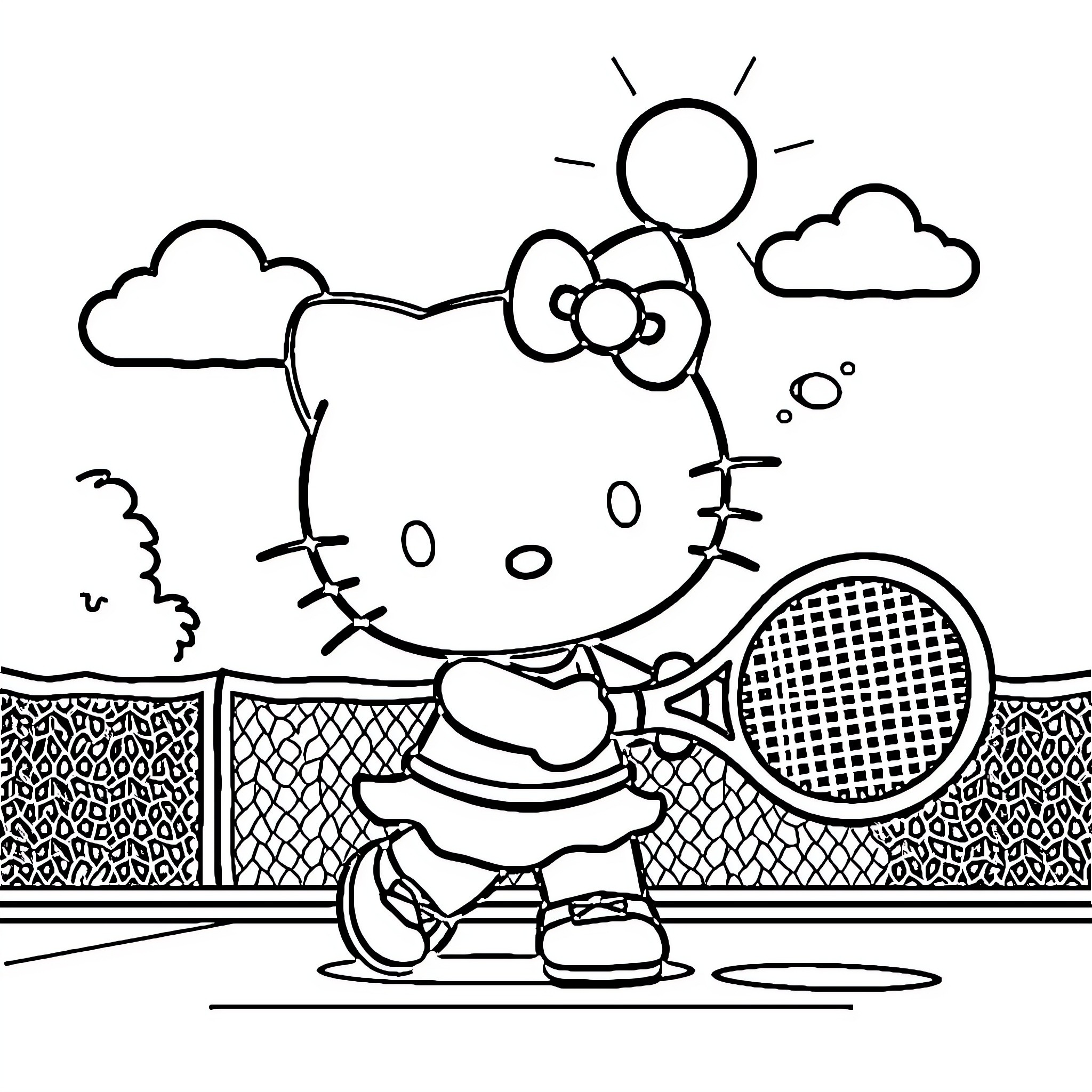 Hello Kitty playing tennis on the court Coloring Page (free black-and-white line drawing printable PDF for all, from beginners to advanced learners, including children, teens, adults, and seniors)