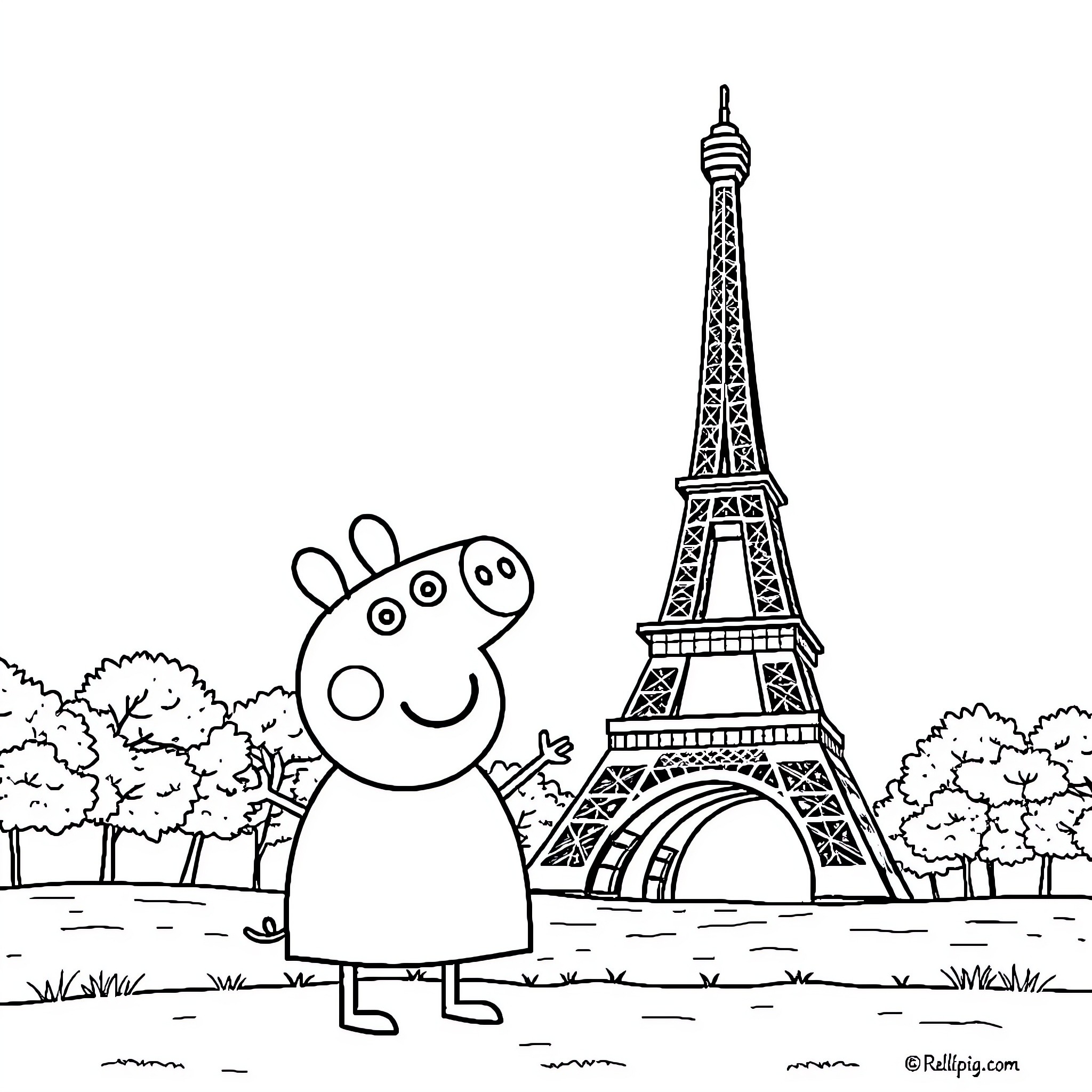 Peppa Pig's Parisian Adventure Coloring Page (free black-and-white line drawing printable PDF for all, from beginners to advanced learners, including children, teens, adults, and seniors)