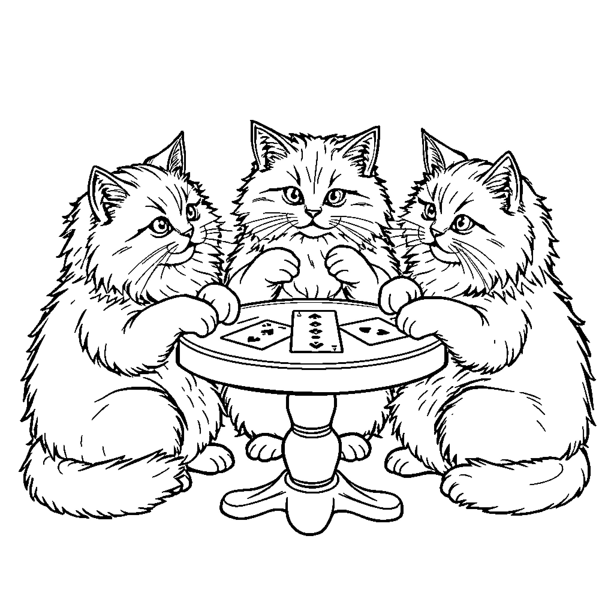 Cat playing card game with friends Coloring Page (free black-and-white line drawing printable PDF for all, from beginners to advanced learners, including children, teens, adults, and seniors)