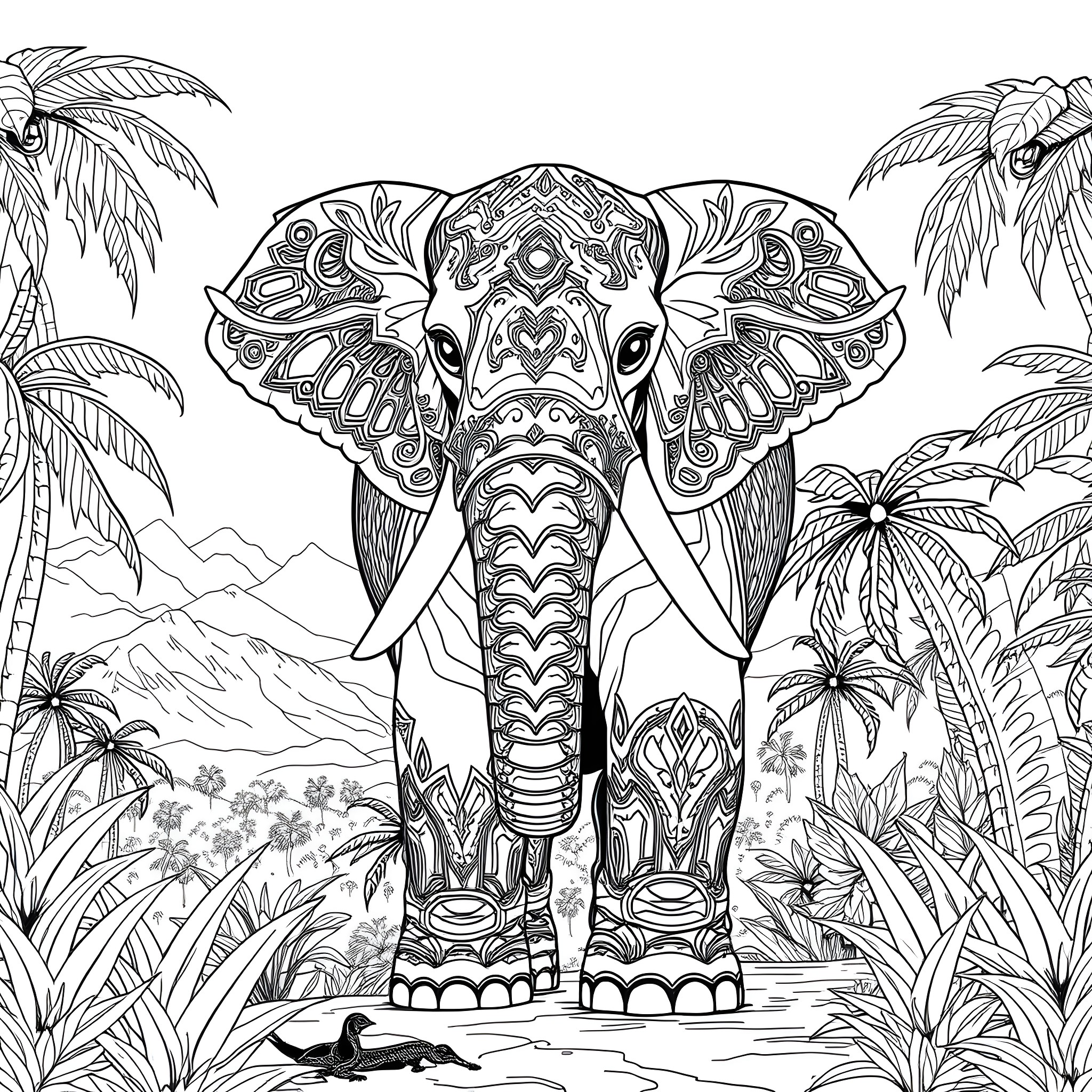 Ironman elephant in a tropical jungle landscape Coloring Page (free black-and-white line drawing printable PDF for all, from beginners to advanced learners, including children, teens, adults, and seniors)