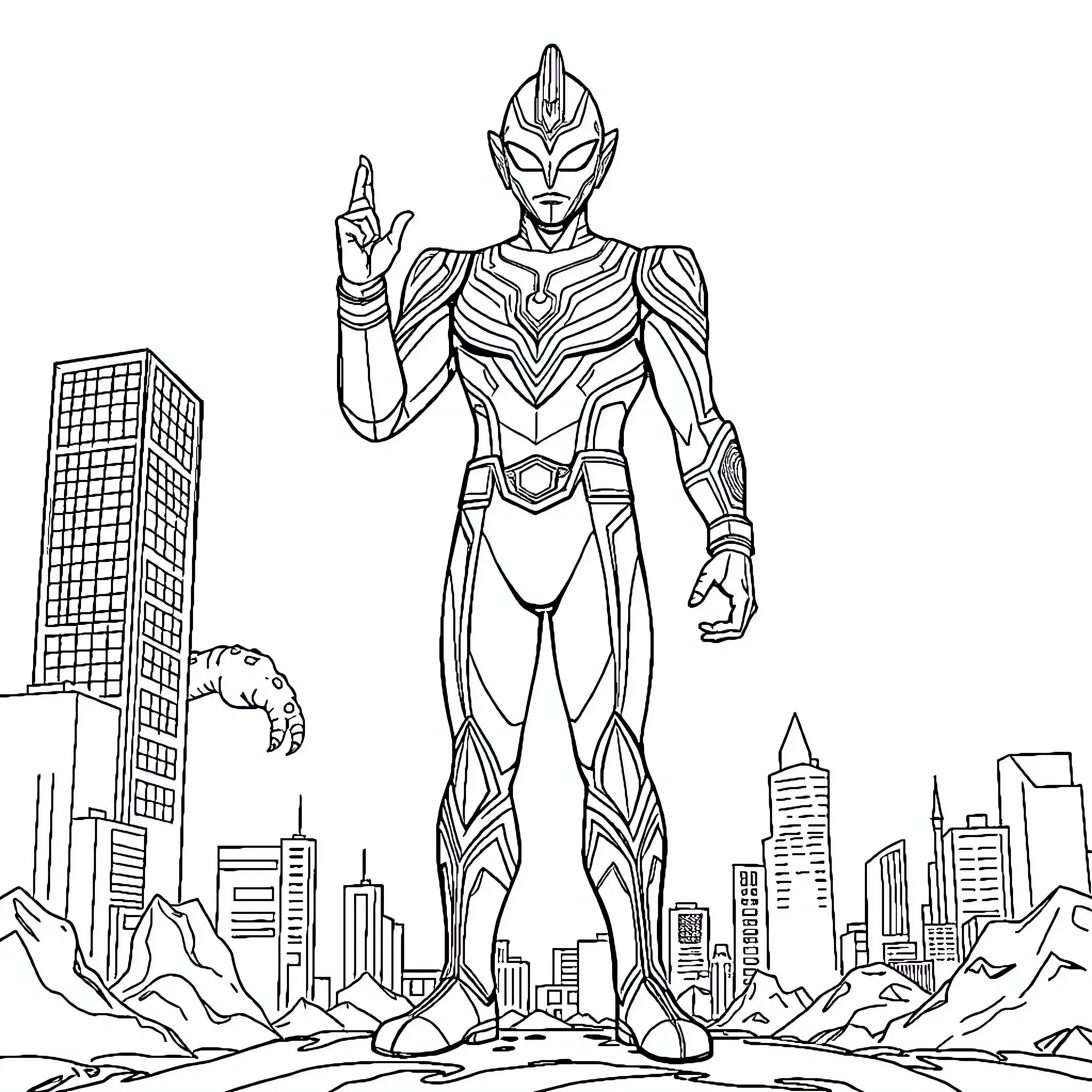 Ultraman Defending the City from Danger Coloring Page (free black-and-white line drawing printable PDF for all, from beginners to advanced learners, including children, teens, adults, and seniors)