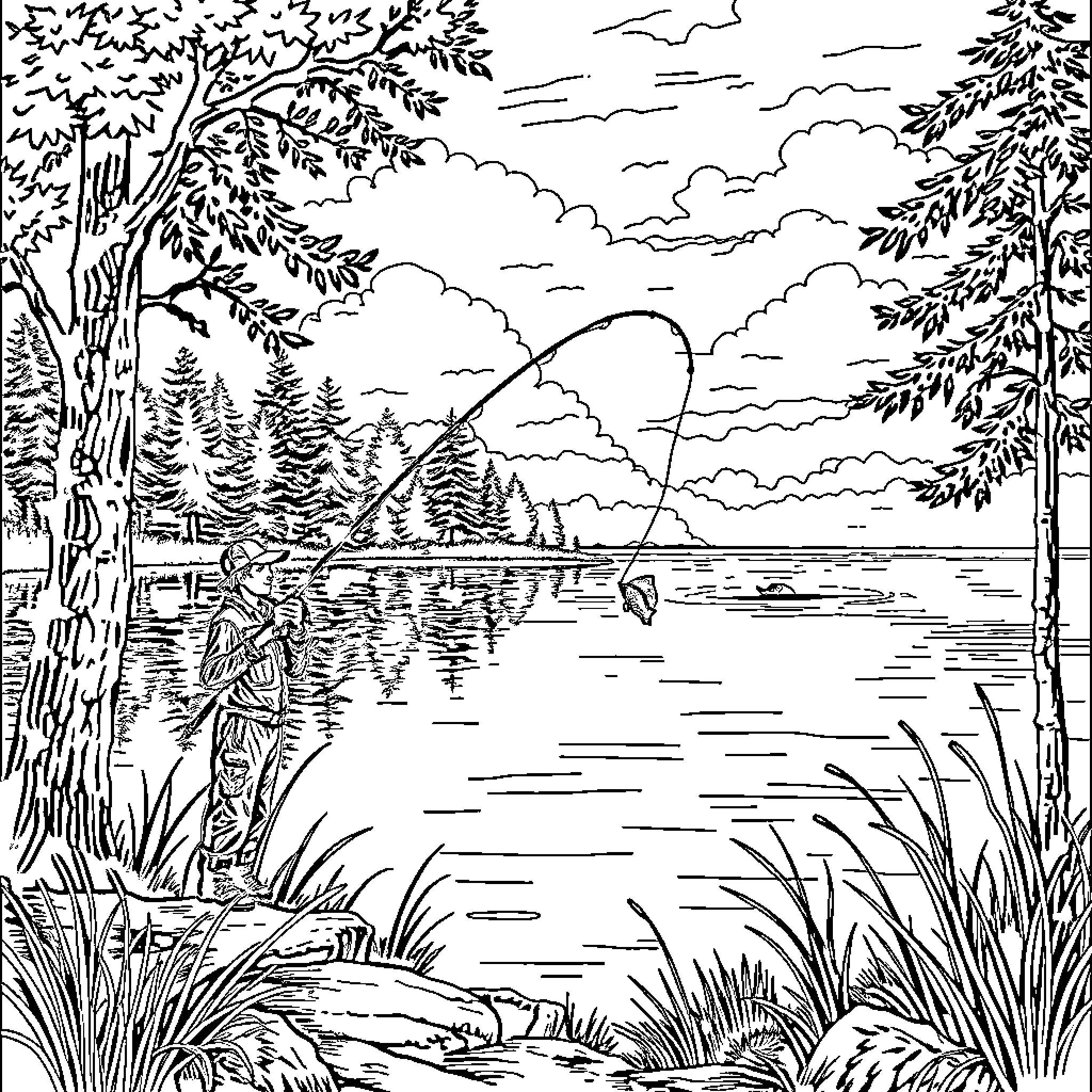 Bass Fishing in Serene Nature Landscape Coloring Page (free black-and-white line drawing printable PDF for all, from beginners to advanced learners, including children, teens, adults, and seniors)
