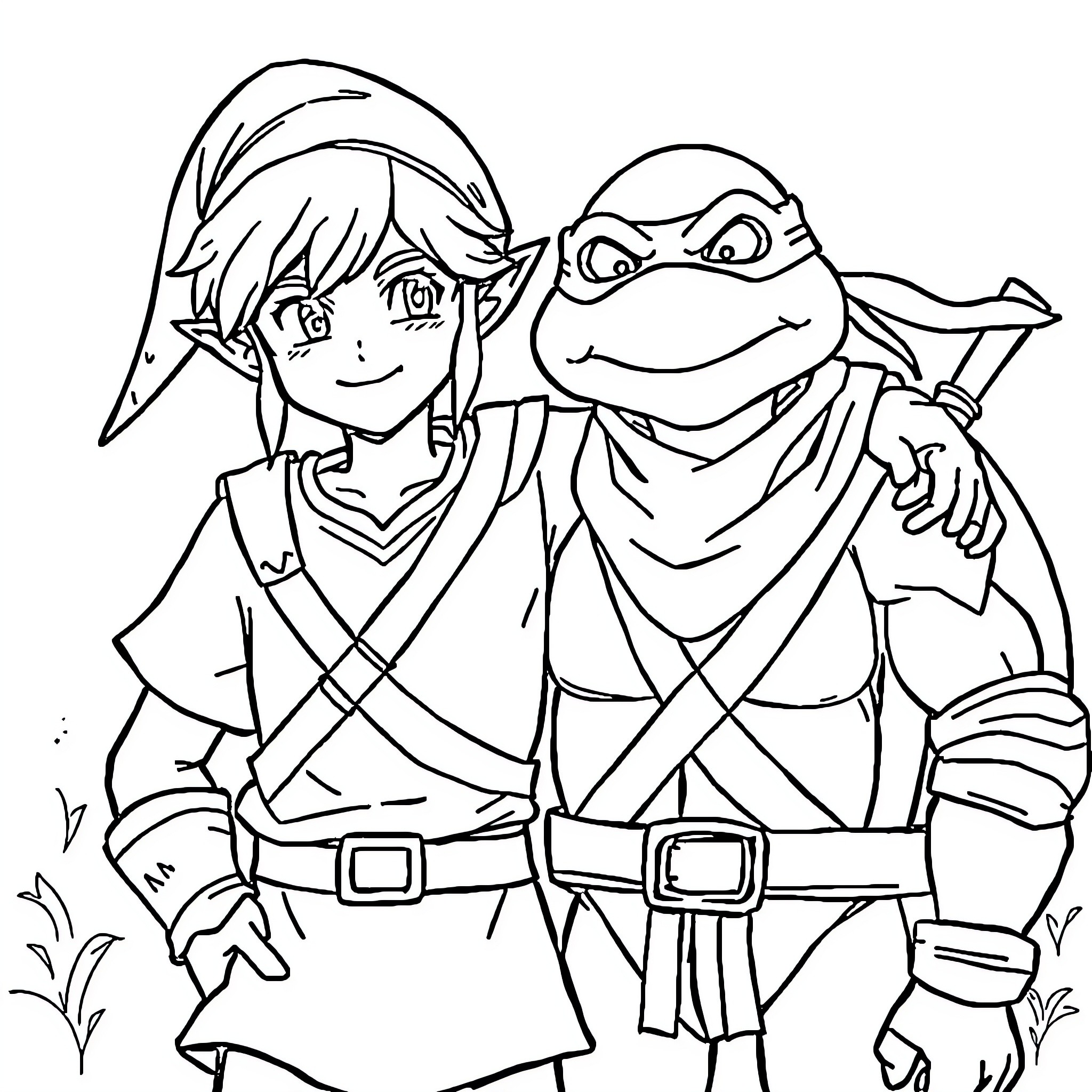 Link and Ninja Turtle Companions Coloring Page (free black-and-white line drawing printable PDF for all, from beginners to advanced learners, including children, teens, adults, and seniors)