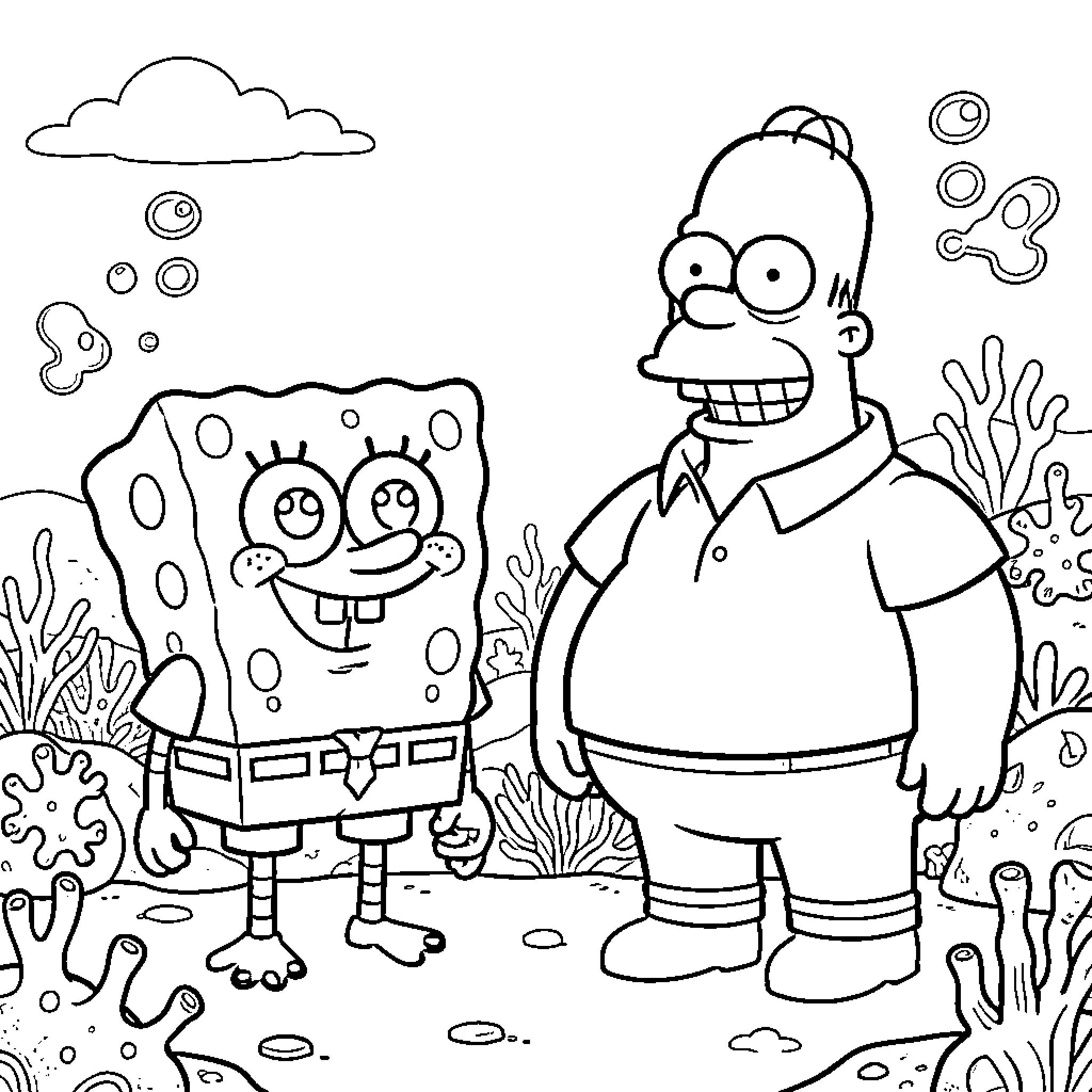 Bob esponja and Homer Simpson in the underwater world Coloring Page (free black-and-white line drawing printable PDF for all, from beginners to advanced learners, including children, teens, adults, and seniors)