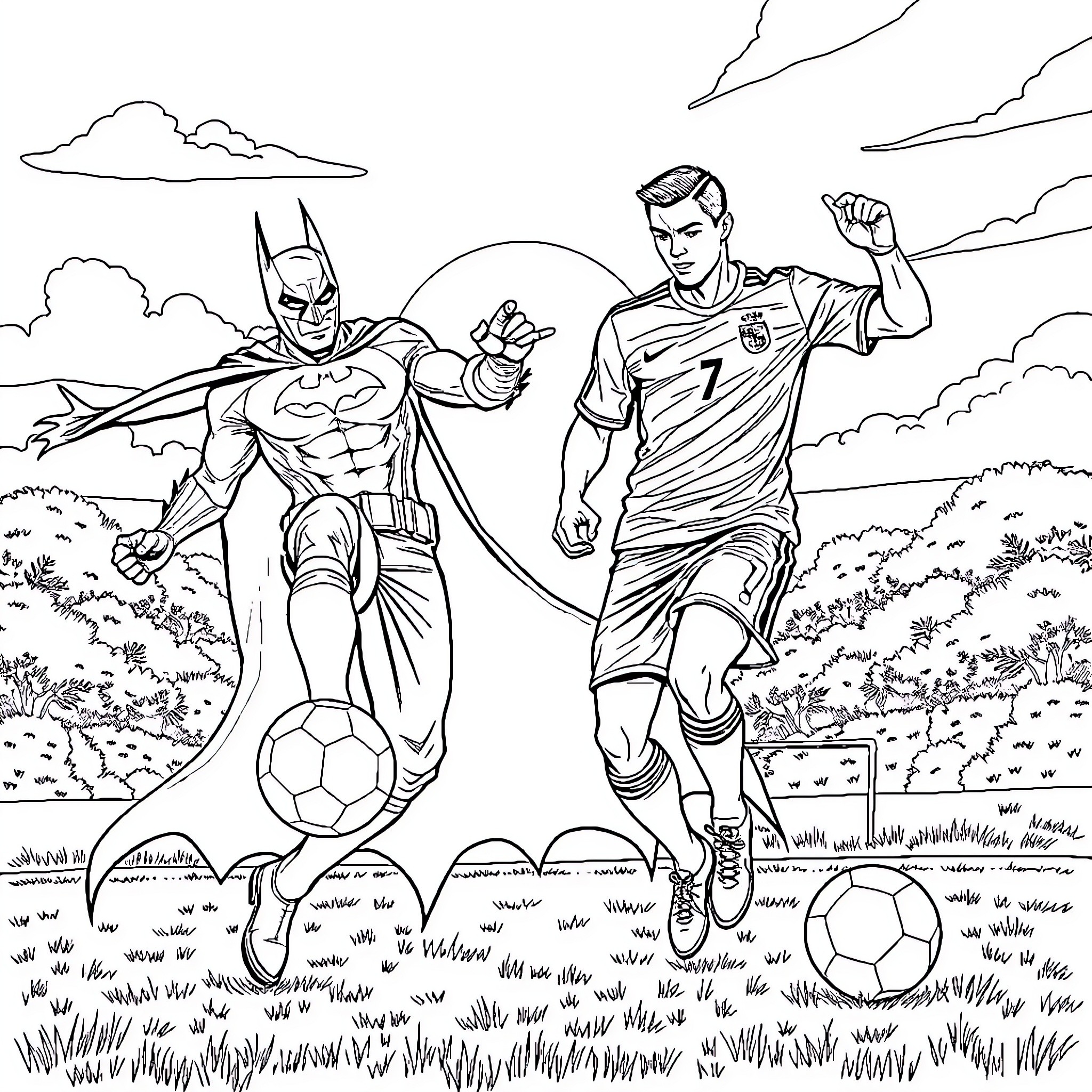 Batman and Soccer Player Face Off on the Field Coloring Page (free black-and-white line drawing printable PDF for all, from beginners to advanced learners, including children, teens, adults, and seniors)