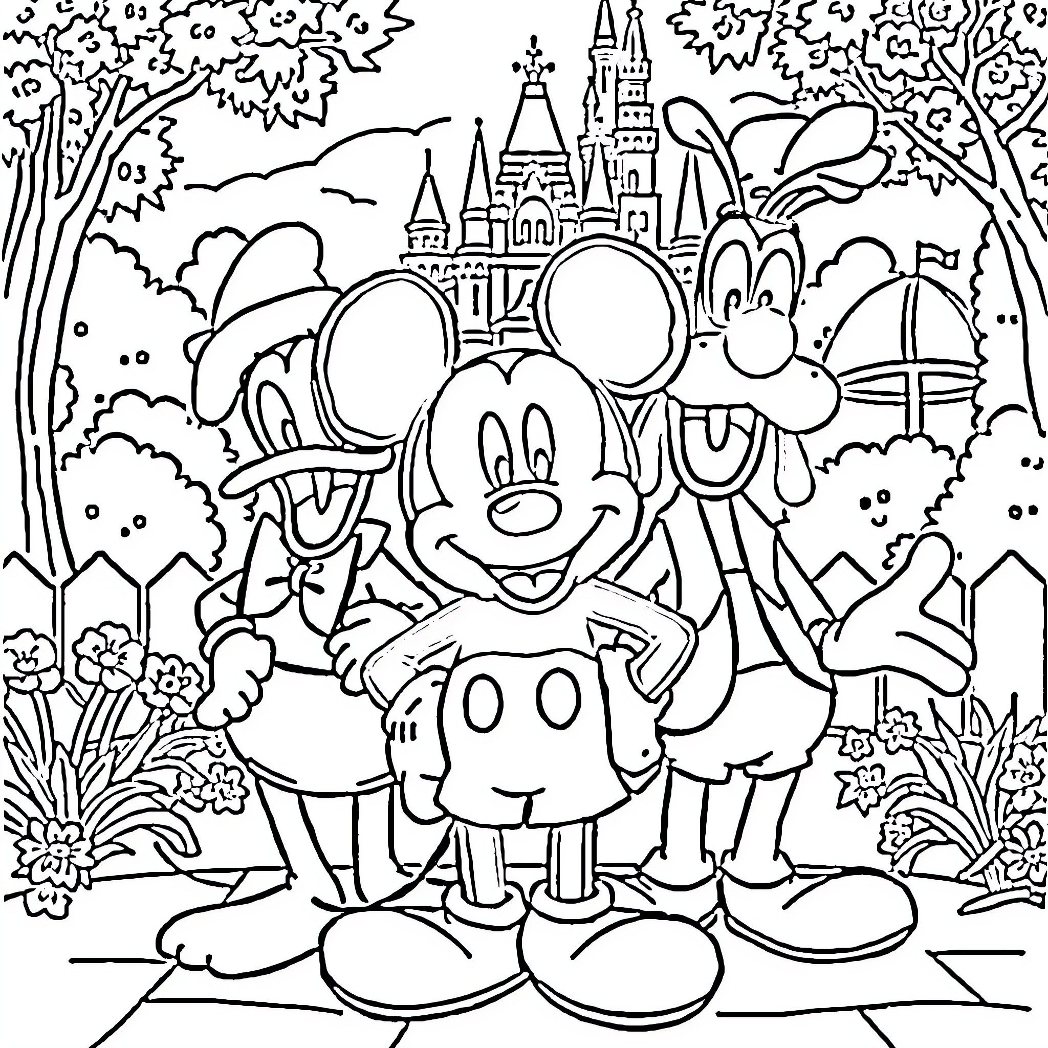 Mickey Mouse and Friends in Disney Wonderland Coloring Page (free black-and-white line drawing printable PDF for all, from beginners to advanced learners, including children, teens, adults, and seniors)