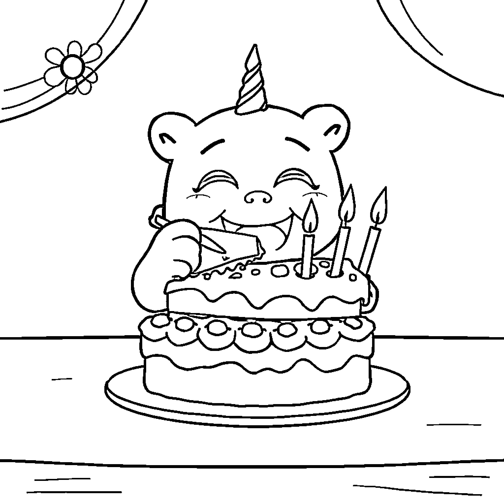 Banban the Unicorn Blows Out Birthday Candles Coloring Page (free black-and-white line drawing printable PDF for all, from beginners to advanced learners, including children, teens, adults, and seniors)