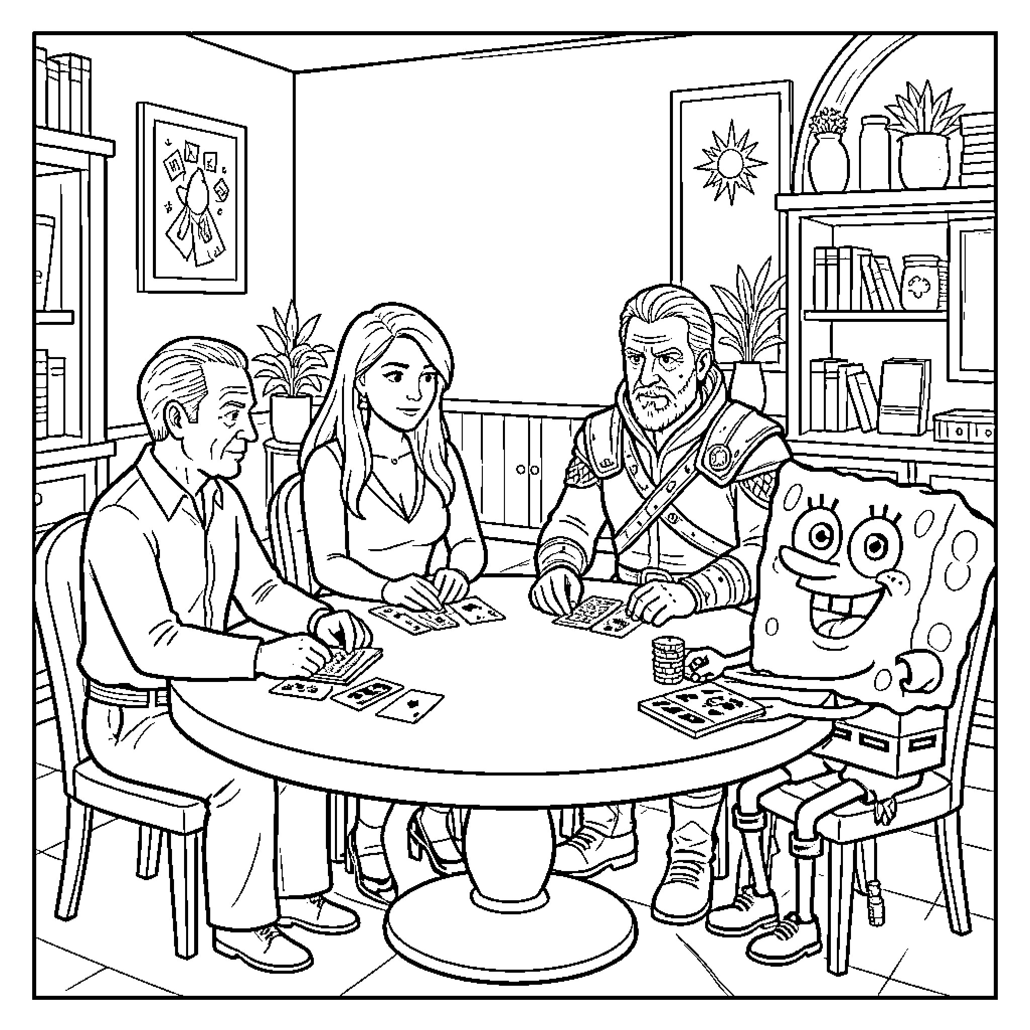 Walter White and diverse characters playing cards at a table Coloring Page (free black-and-white line drawing printable PDF for all, from beginners to advanced learners, including children, teens, adults, and seniors)