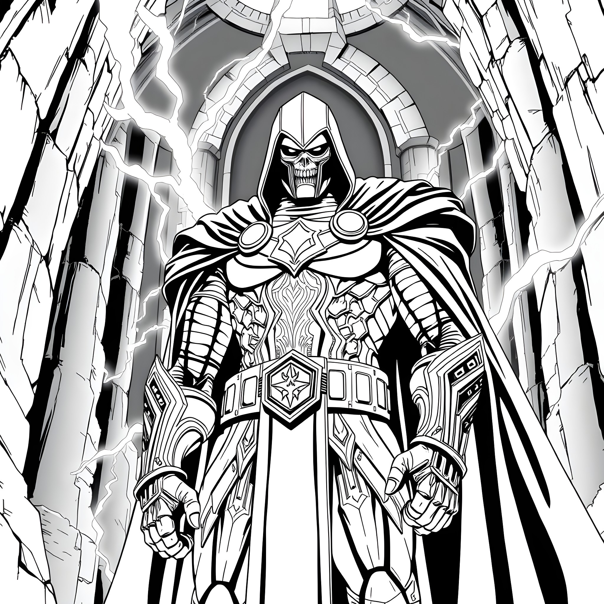 Doctor Doom's Ominous Appearance in Regal Armor Coloring Page (free black-and-white line drawing printable PDF for all, from beginners to advanced learners, including children, teens, adults, and seniors)