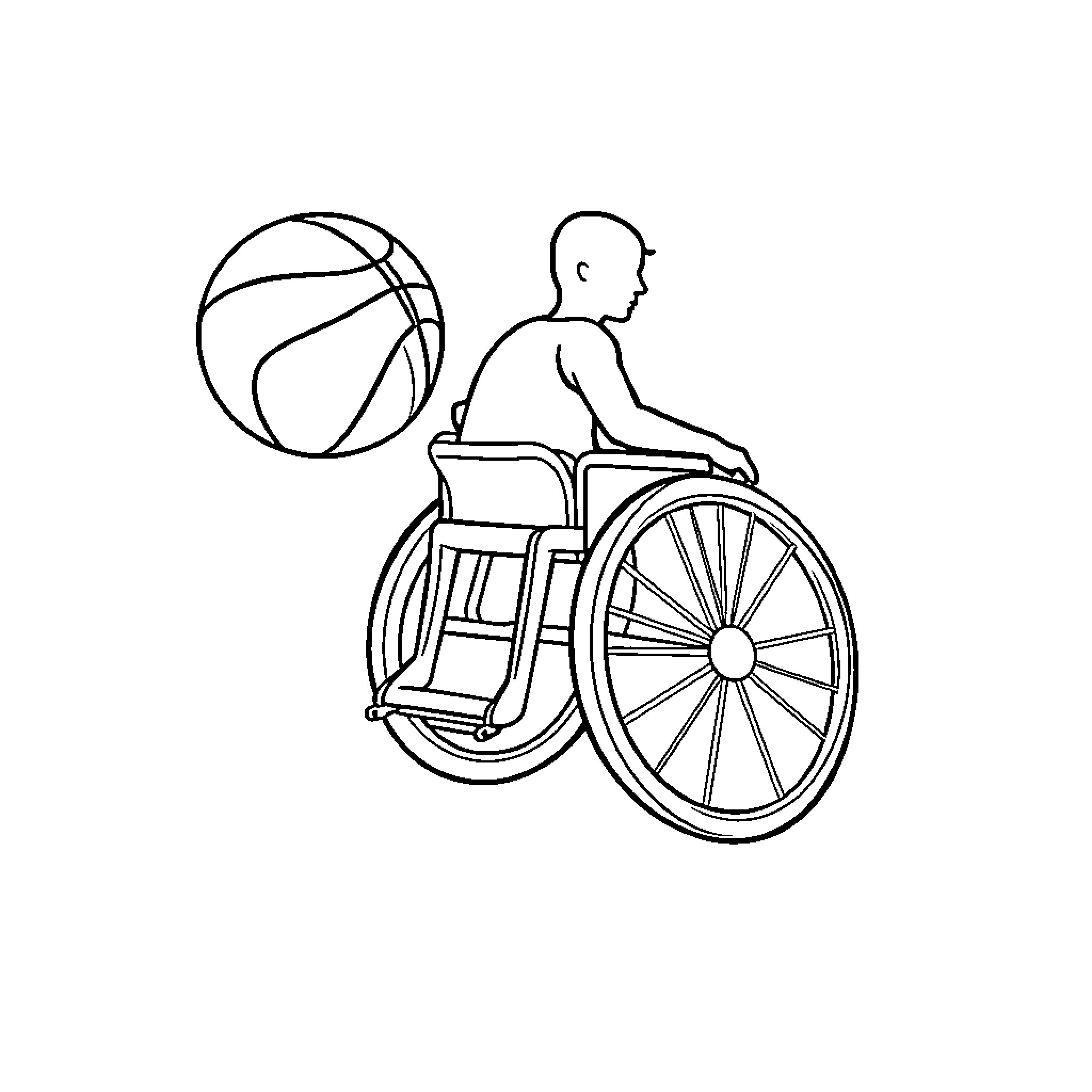 Wheelchair athlete playing basketball Coloring Page (free black-and-white line drawing printable PDF for all, from beginners to advanced learners, including children, teens, adults, and seniors)