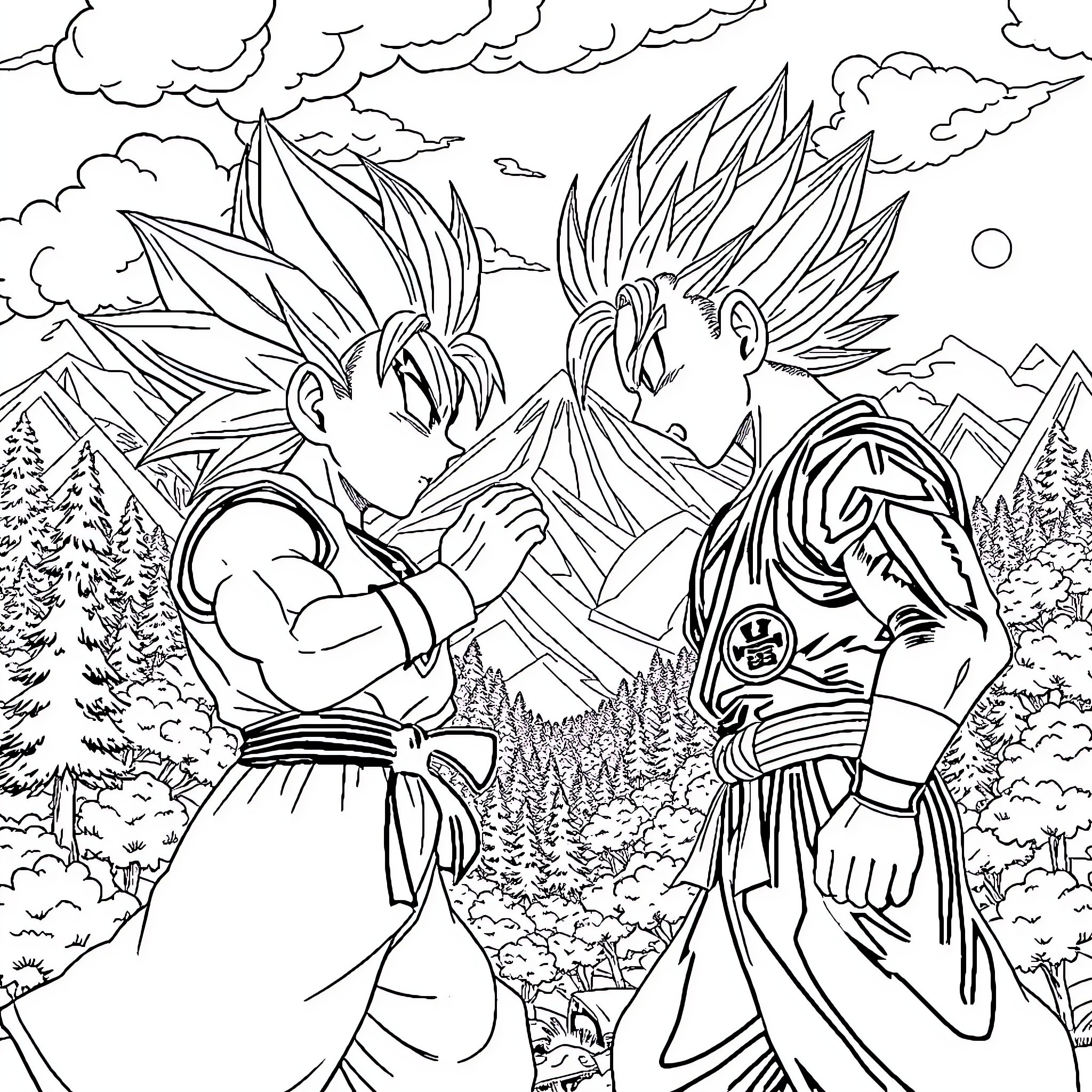 Tanjiro and Nezuko in an intense standoff Coloring Page (free black-and-white line drawing printable PDF for all, from beginners to advanced learners, including children, teens, adults, and seniors)