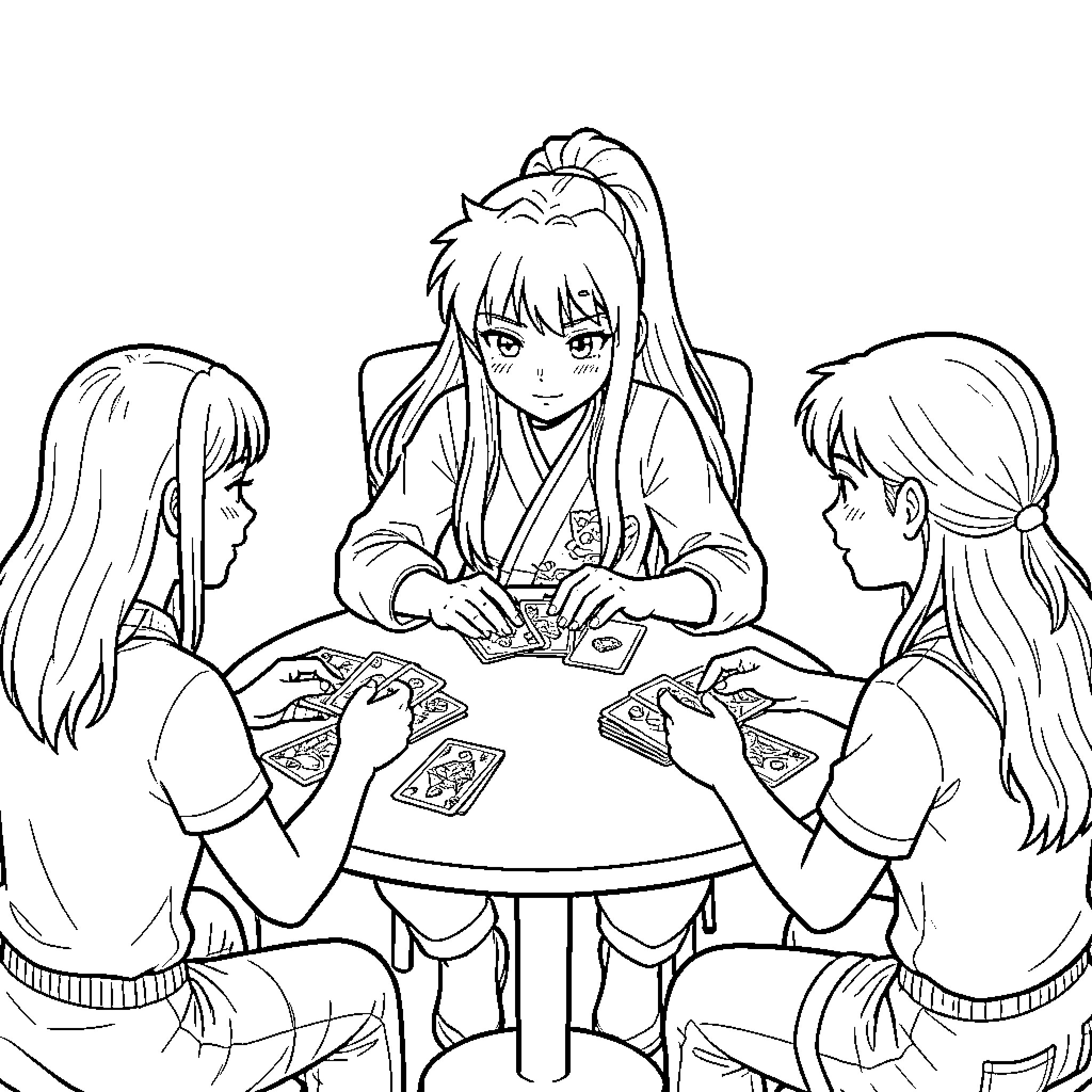 Hinata playing a card game with two friends Coloring Page (free black-and-white line drawing printable PDF for all, from beginners to advanced learners, including children, teens, adults, and seniors)
