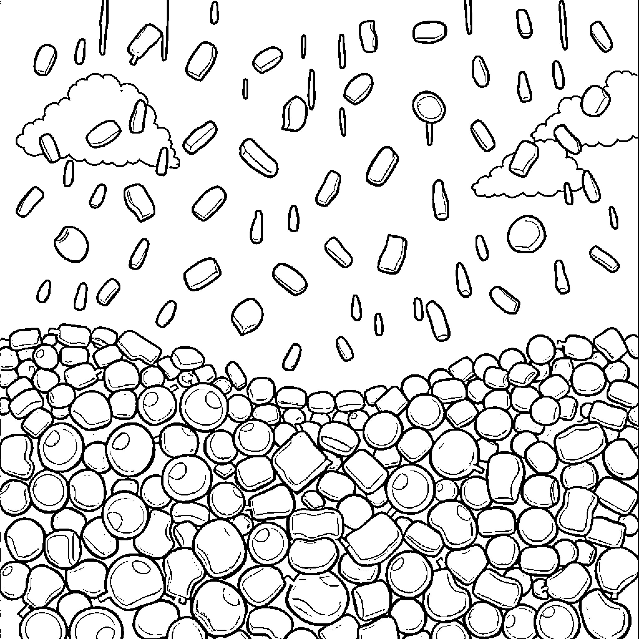 Candy Falling from the Sky onto a Rocky Surface Coloring Page (free black-and-white line drawing printable PDF for all, from beginners to advanced learners, including children, teens, adults, and seniors)