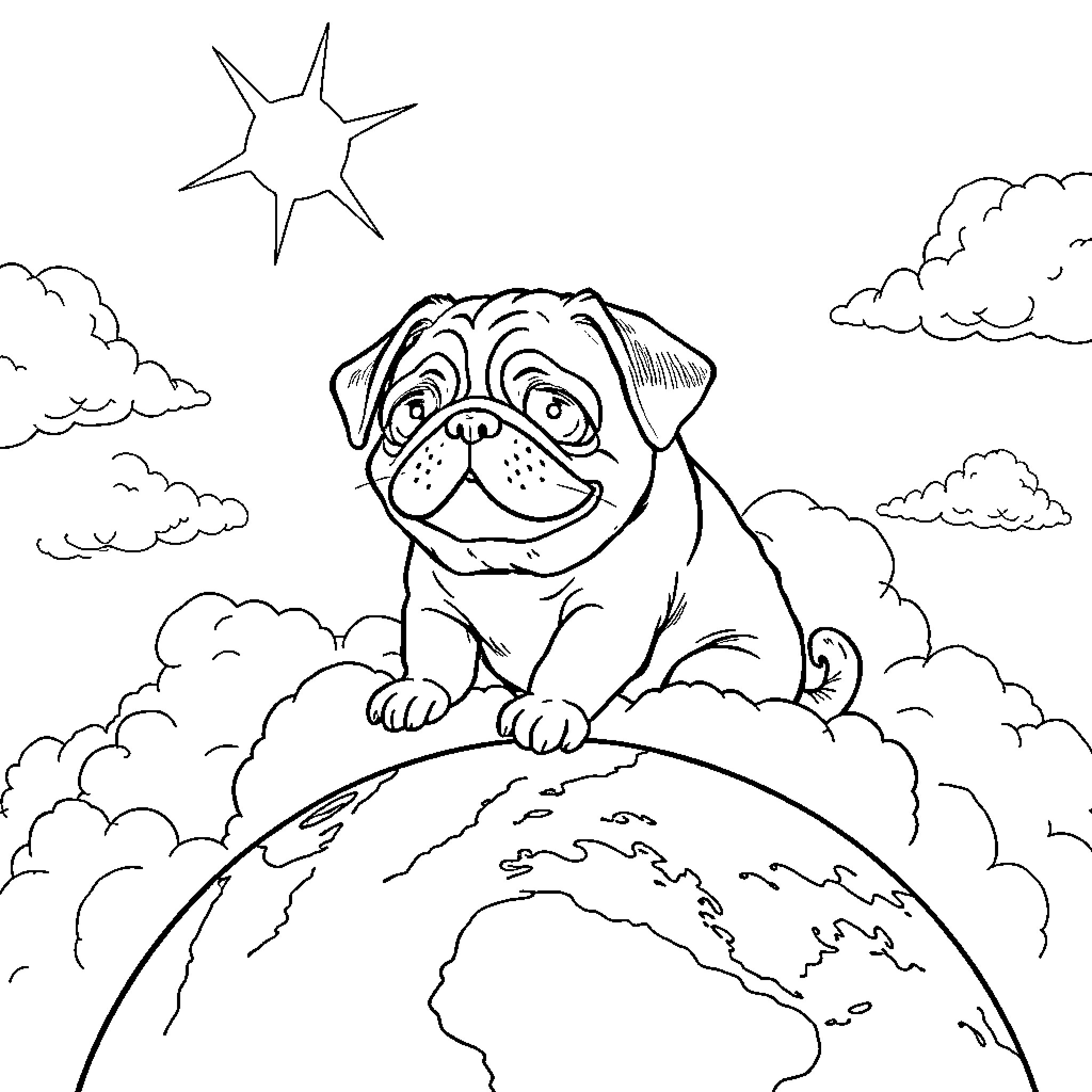 Puggle exploring the globe on a cloudy day Coloring Page (free black-and-white line drawing printable PDF for all, from beginners to advanced learners, including children, teens, adults, and seniors)