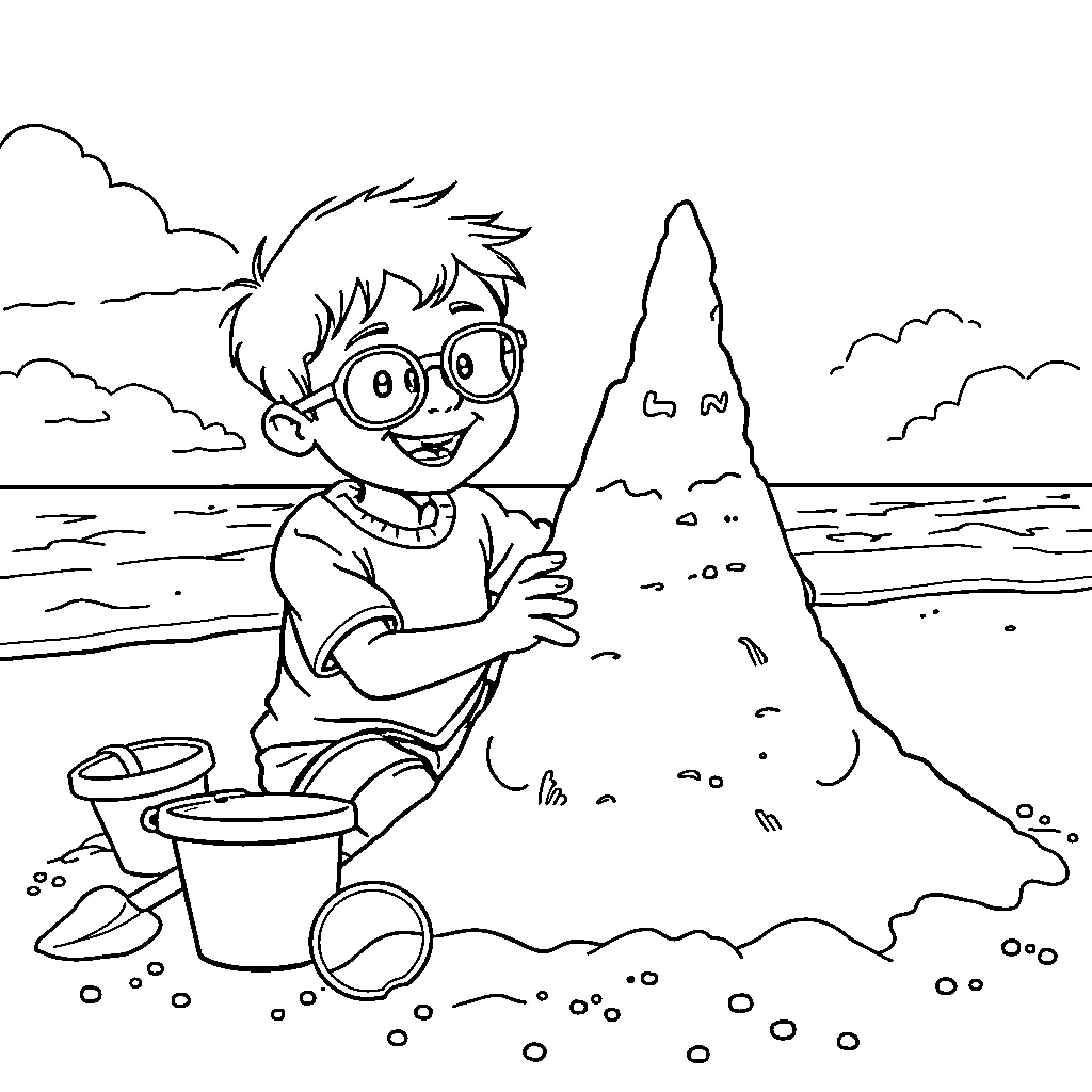 Boy Enjoying Building a Sand Castle at the Beach Coloring Page (free black-and-white line drawing printable PDF for all, from beginners to advanced learners, including children, teens, adults, and seniors)