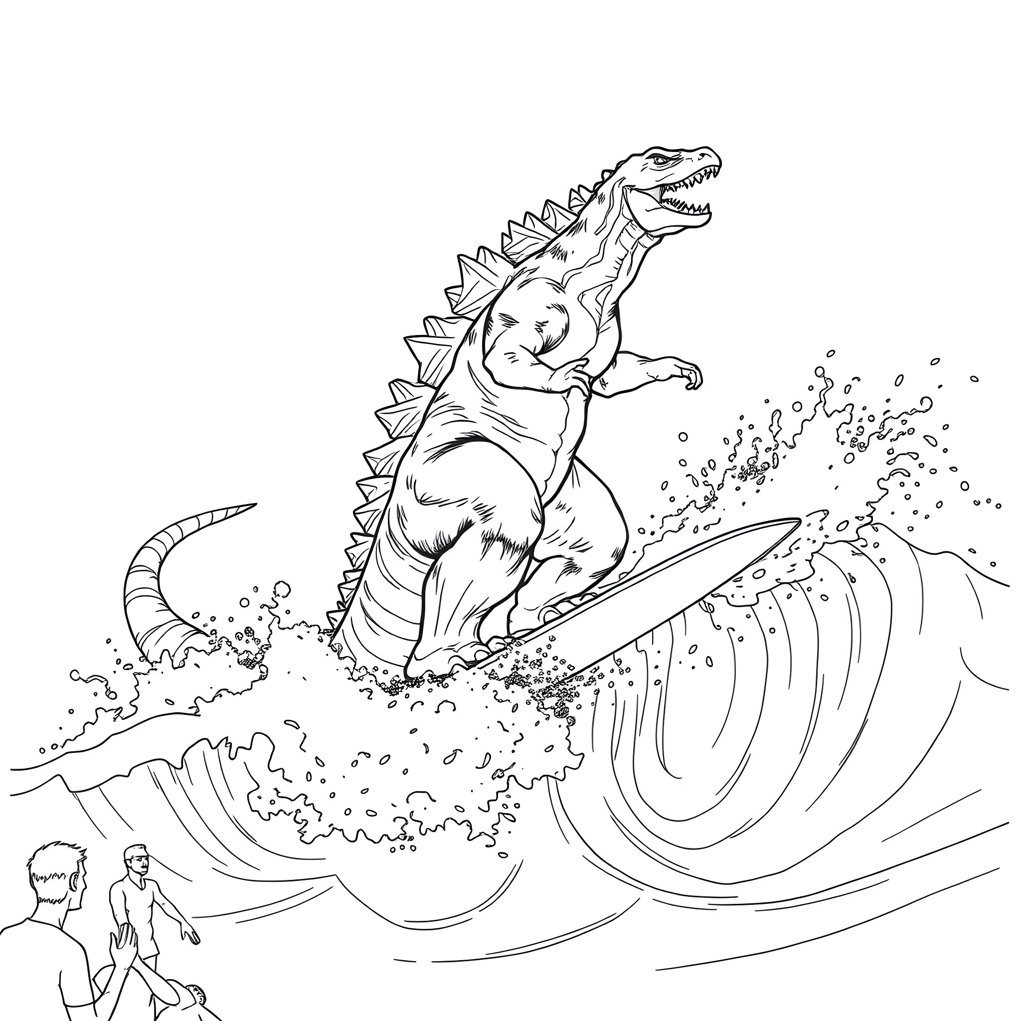 Godzilla surfing massive waves in the ocean Coloring Page (free black-and-white line drawing printable PDF for all, from beginners to advanced learners, including children, teens, adults, and seniors)