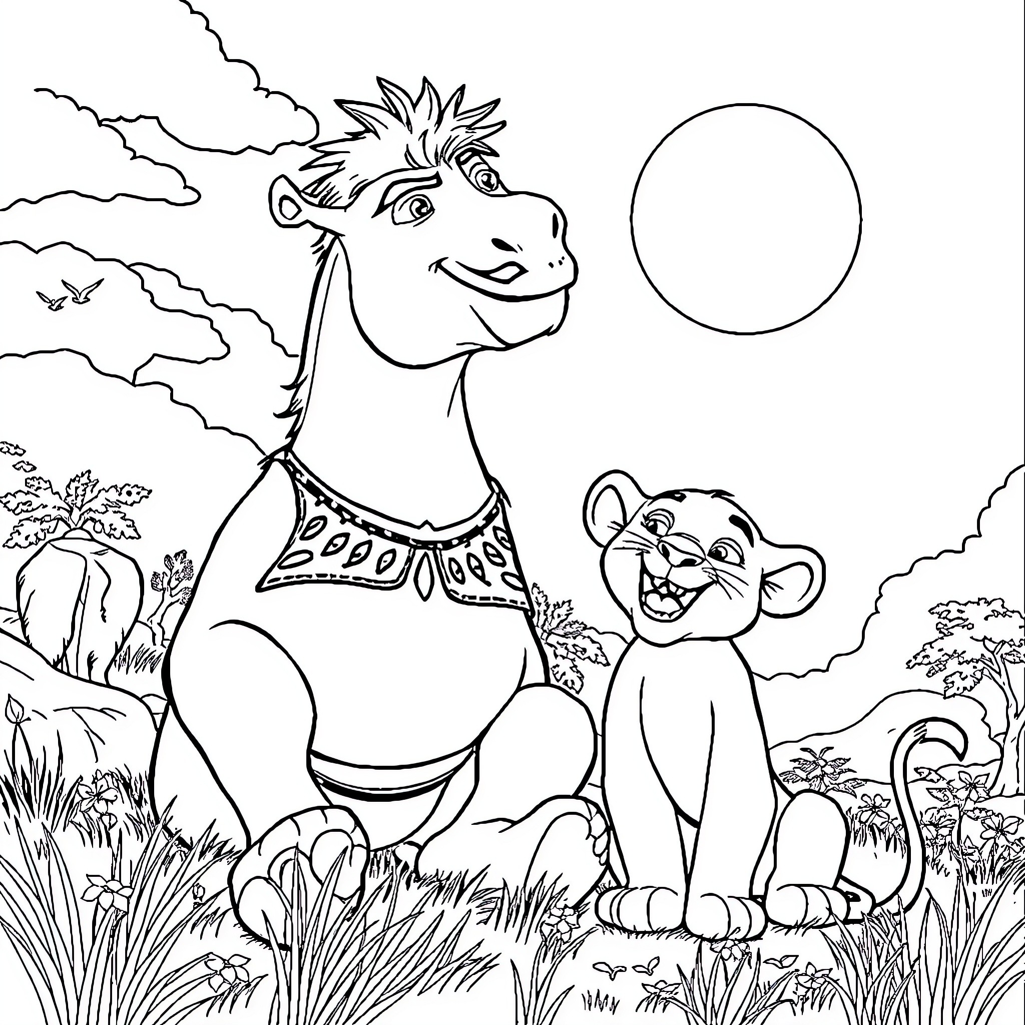 Donkey and animal friend in colorful forest scene Coloring Page (free black-and-white line drawing printable PDF for all, from beginners to advanced learners, including children, teens, adults, and seniors)