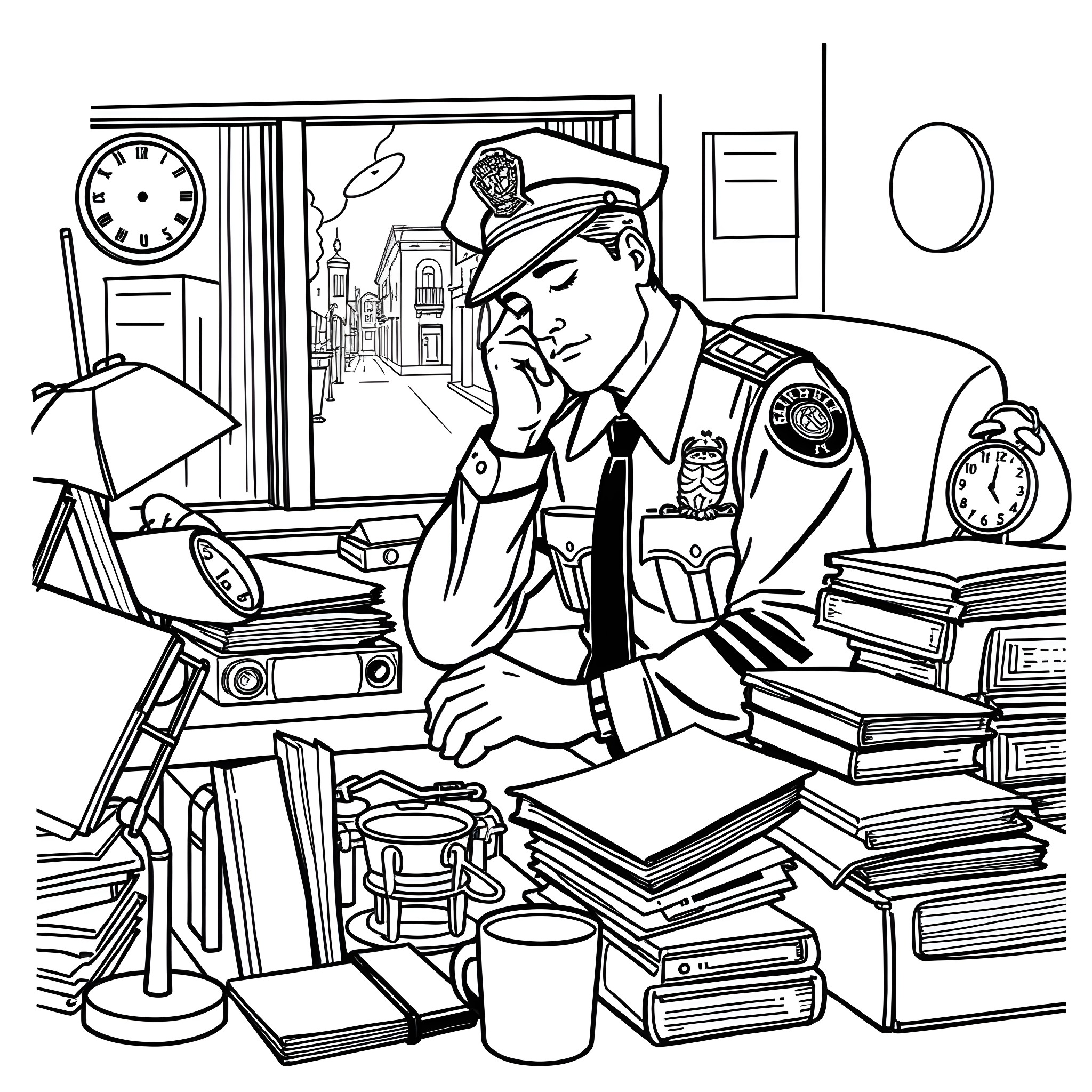 Police Officer Busy at Work in Cluttered Office Coloring Page (free black-and-white line drawing printable PDF for all, from beginners to advanced learners, including children, teens, adults, and seniors)