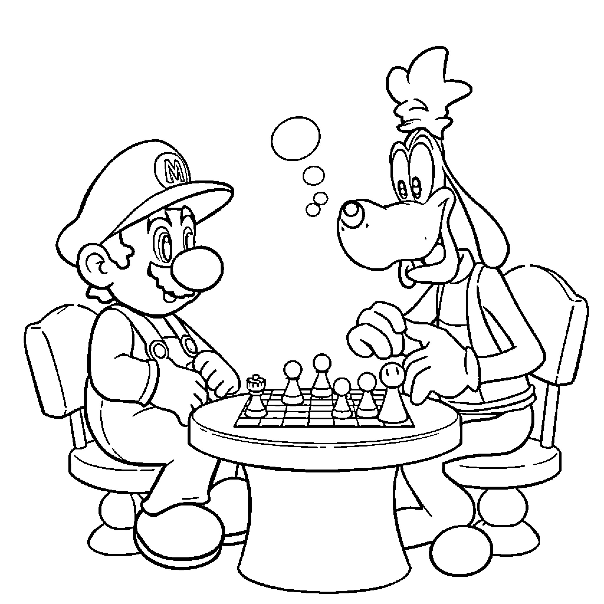 Mario Playing Chess with His Cartoon Companion Coloring Page (free black-and-white line drawing printable PDF for all, from beginners to advanced learners, including children, teens, adults, and seniors)