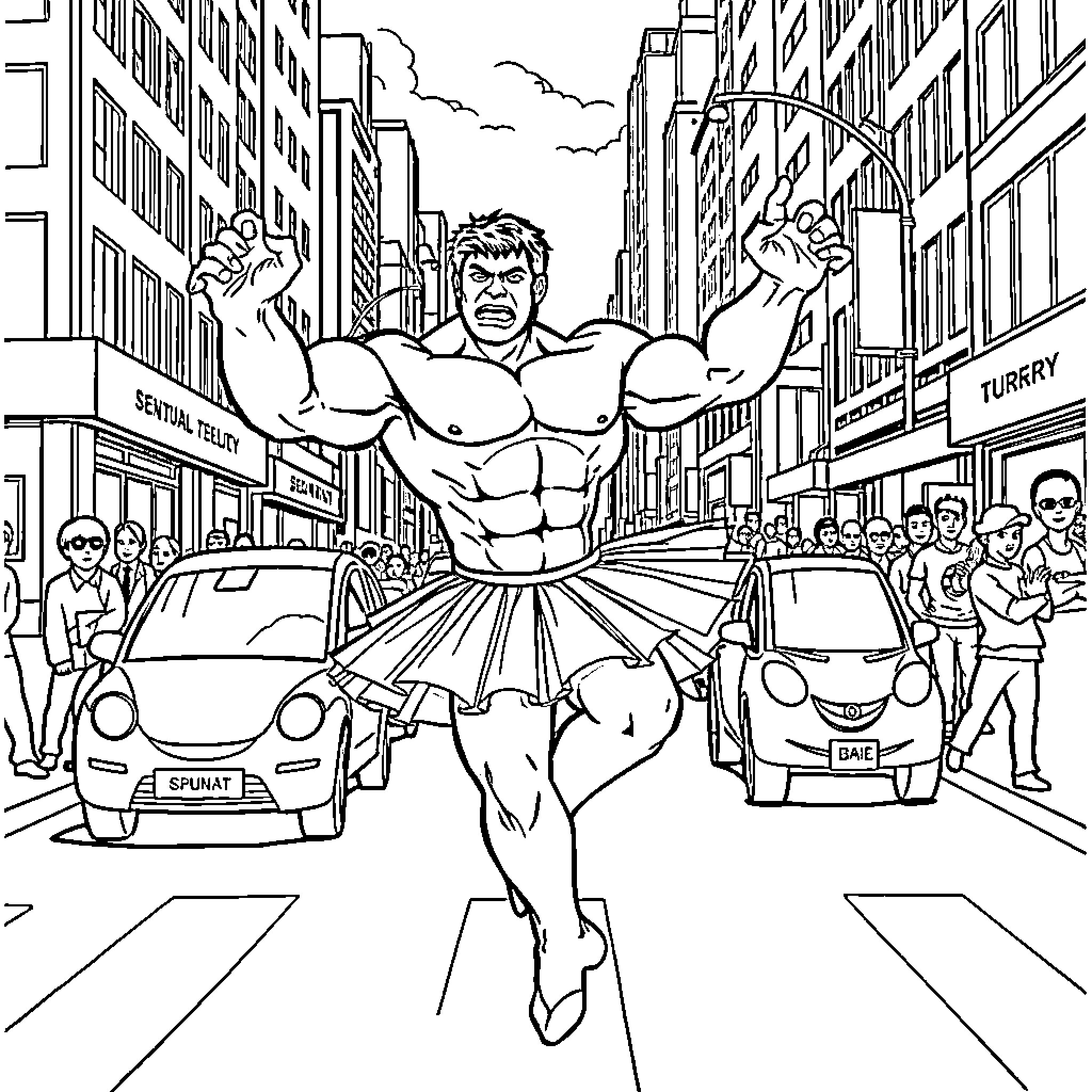 Hulk Rampages Through Bustling City Street Coloring Page (free black-and-white line drawing printable PDF for all, from beginners to advanced learners, including children, teens, adults, and seniors)
