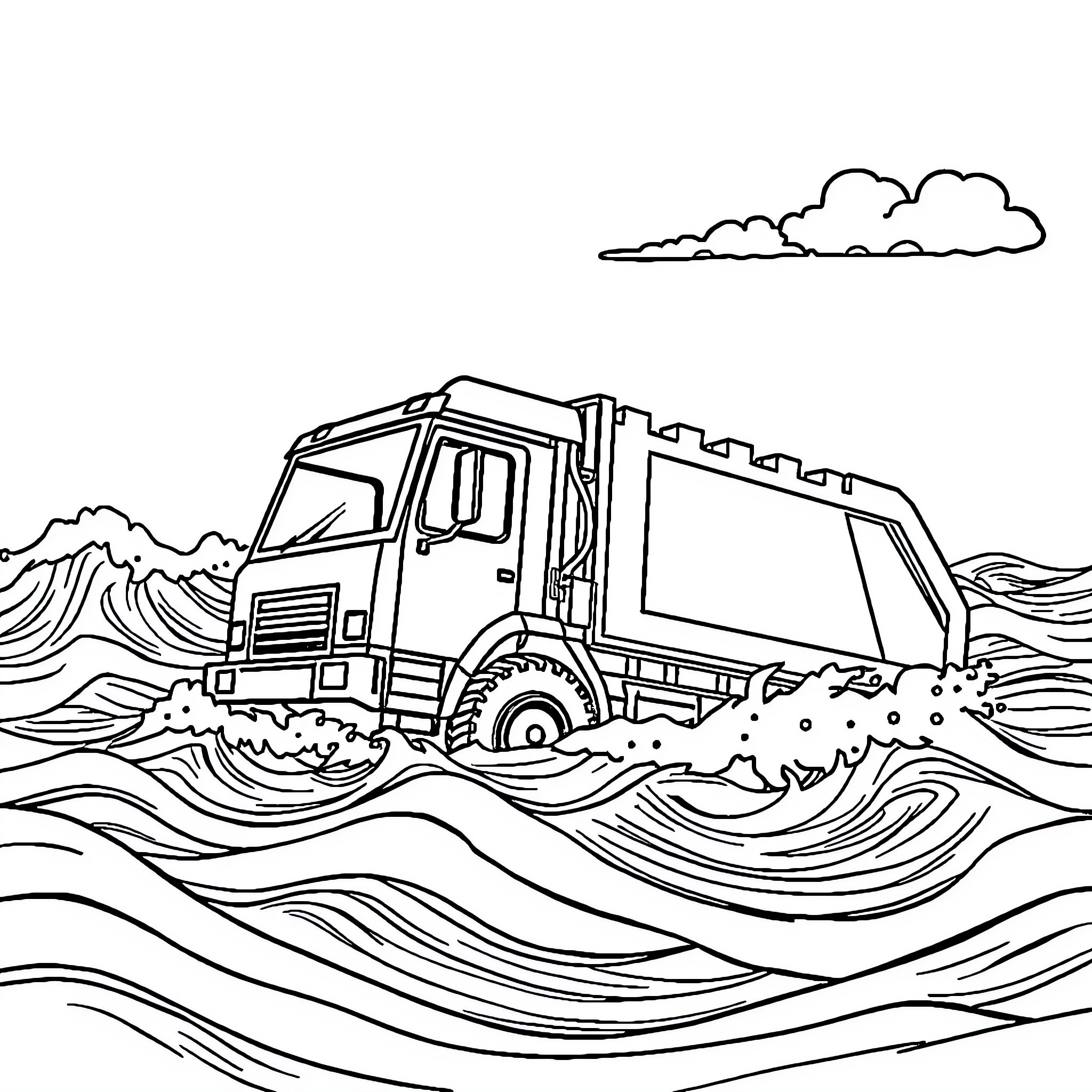Trash Truck Navigating Through Flooded Landscape Coloring Page (free black-and-white line drawing printable PDF for all, from beginners to advanced learners, including children, teens, adults, and seniors)
