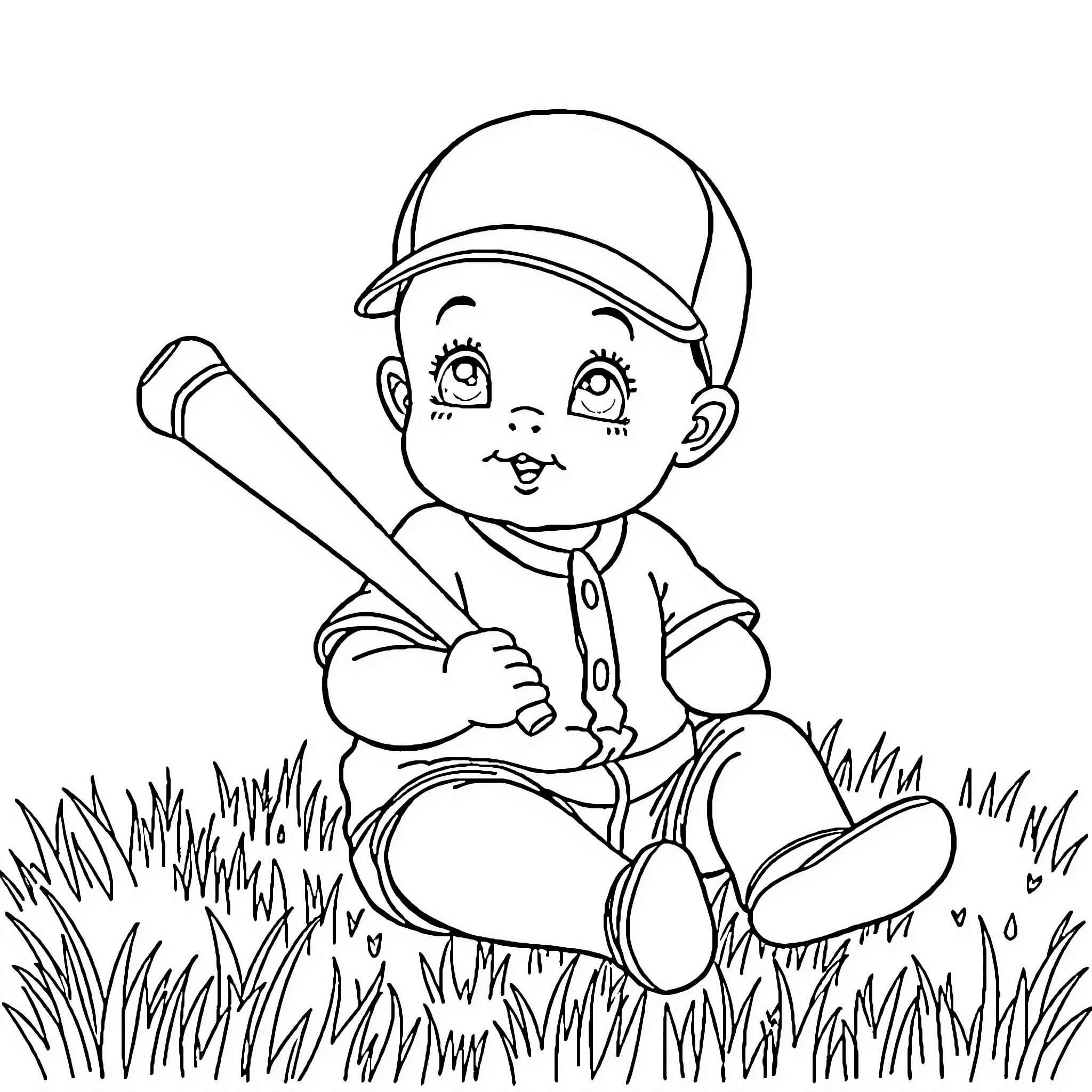 Baby playing with baseball bat in the grass Coloring Page (free black-and-white line drawing printable PDF for all, from beginners to advanced learners, including children, teens, adults, and seniors)