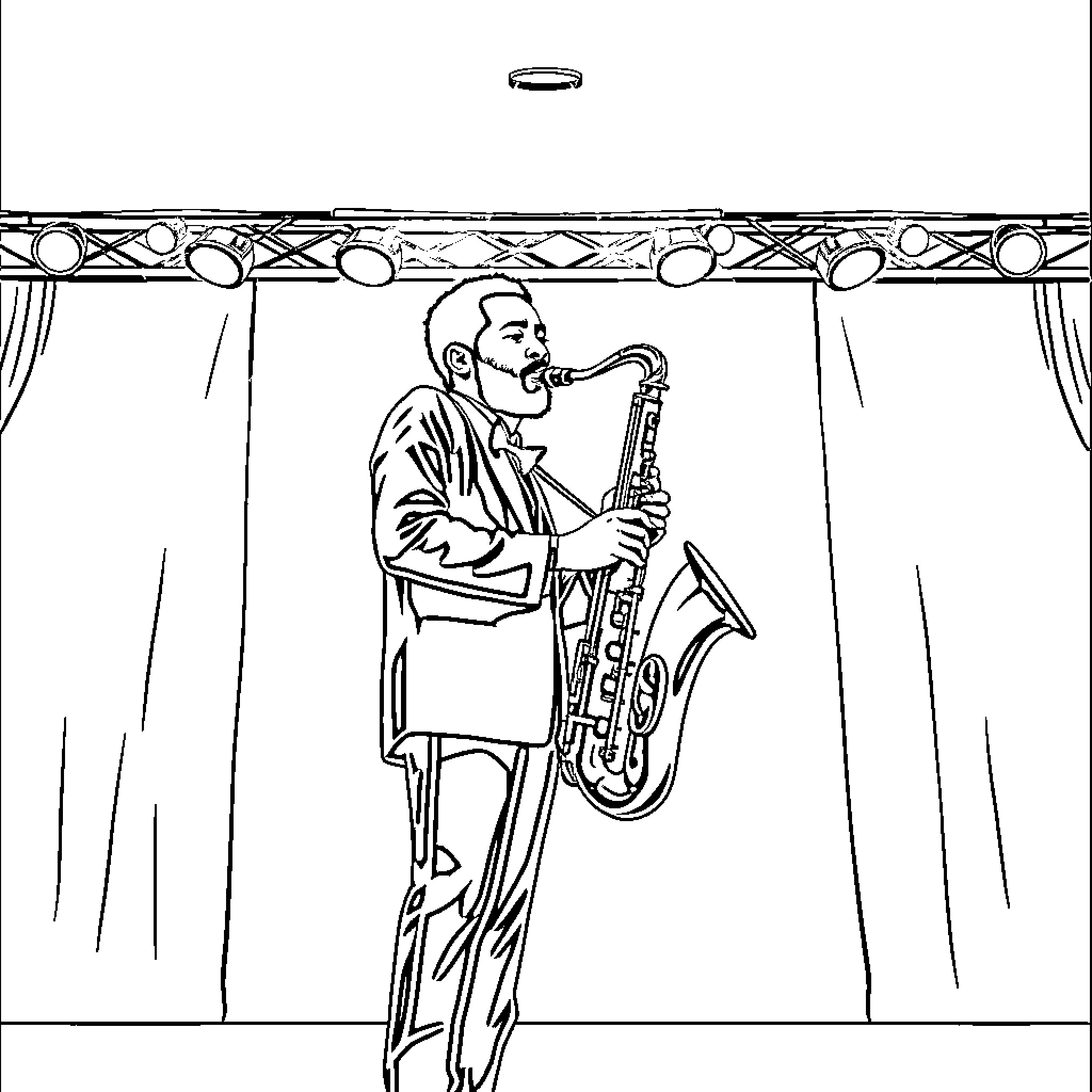 Abiy Ahmed performs on stage playing saxophone Coloring Page (free black-and-white line drawing printable PDF for all, from beginners to advanced learners, including children, teens, adults, and seniors)