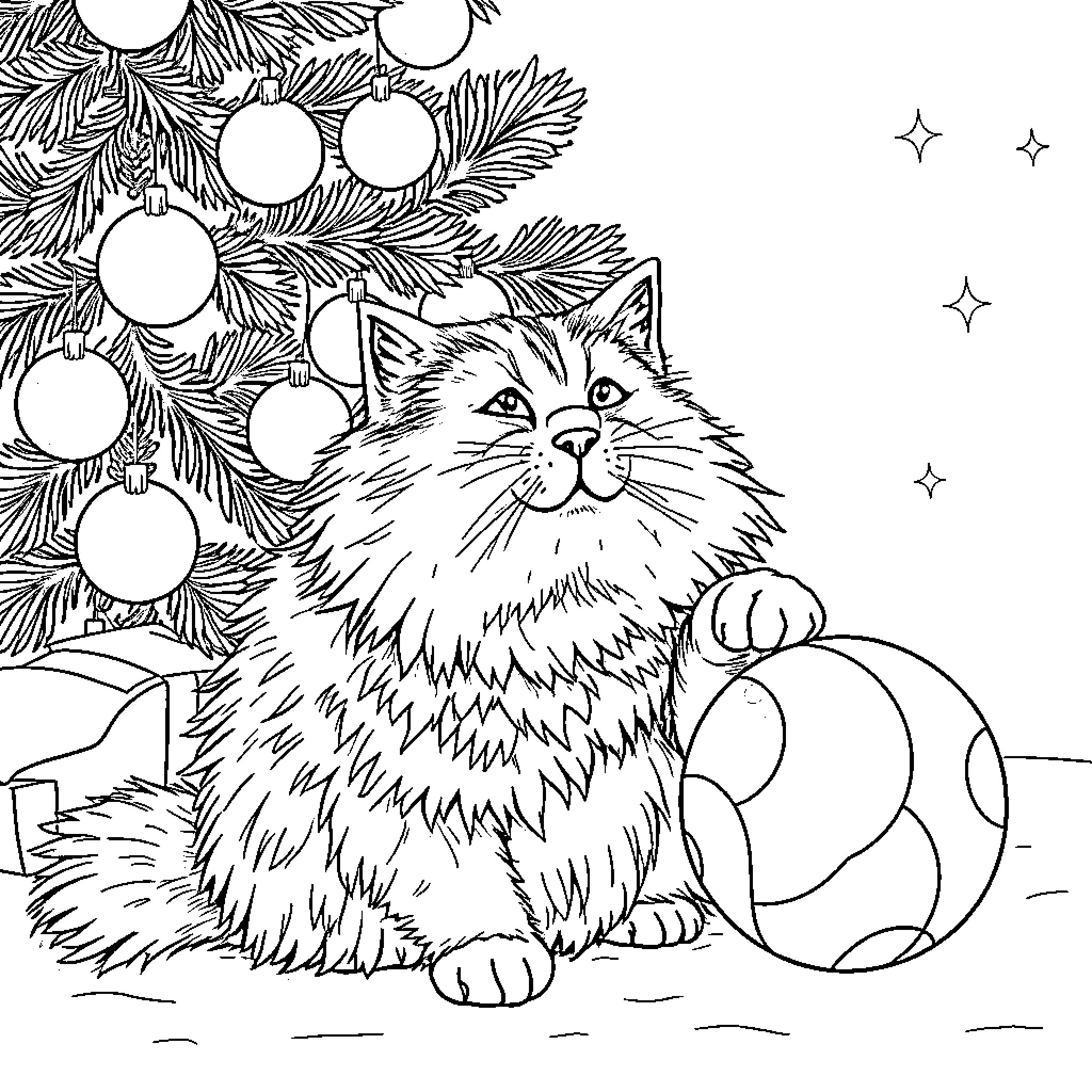 Cat admiring festive Christmas tree decorations Coloring Page (free black-and-white line drawing printable PDF for all, from beginners to advanced learners, including children, teens, adults, and seniors)