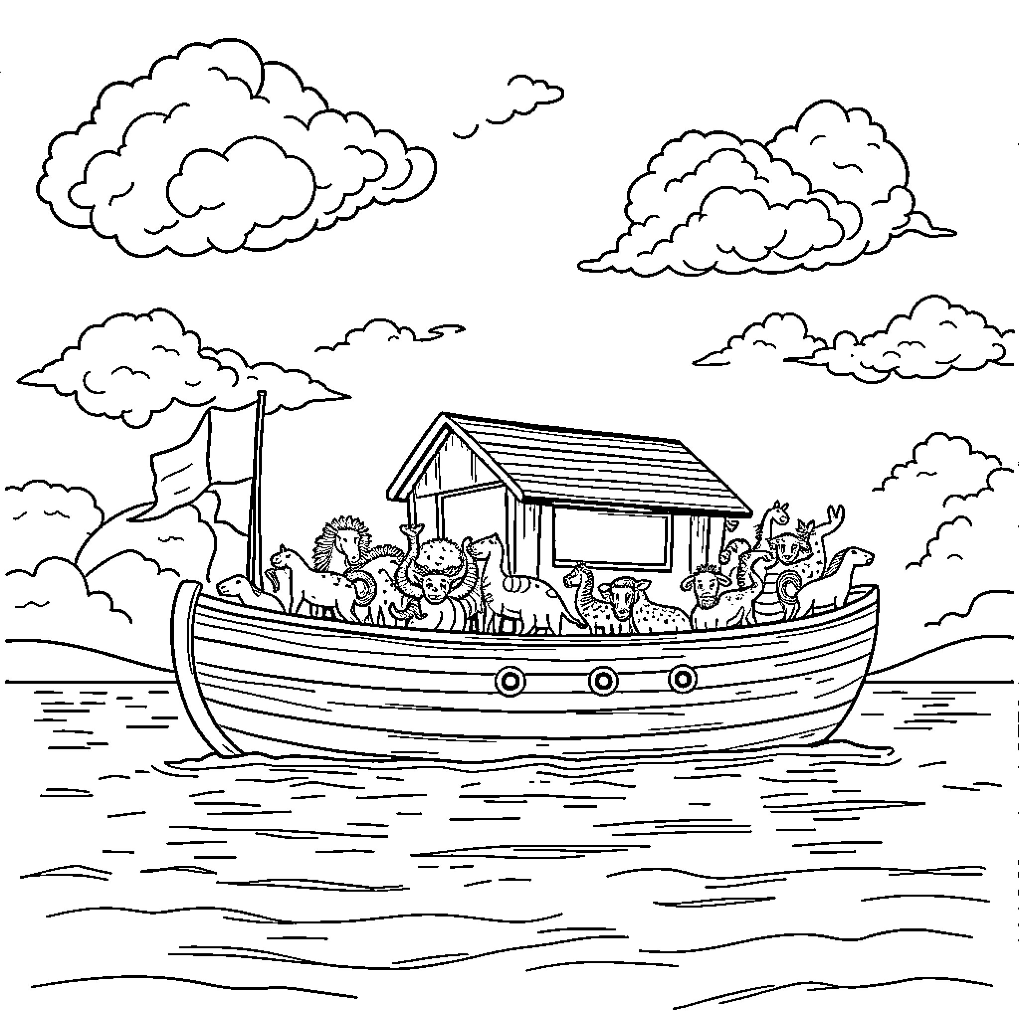 Noah's Ark filled with diverse animals and passengers Coloring Page (free black-and-white line drawing printable PDF for all, from beginners to advanced learners, including children, teens, adults, and seniors)