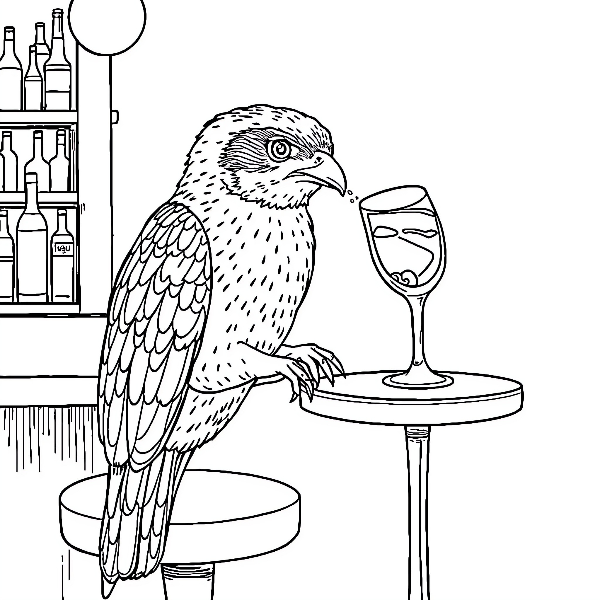 Otter enjoying a glass of wine at the bar Coloring Page (free black-and-white line drawing printable PDF for all, from beginners to advanced learners, including children, teens, adults, and seniors)