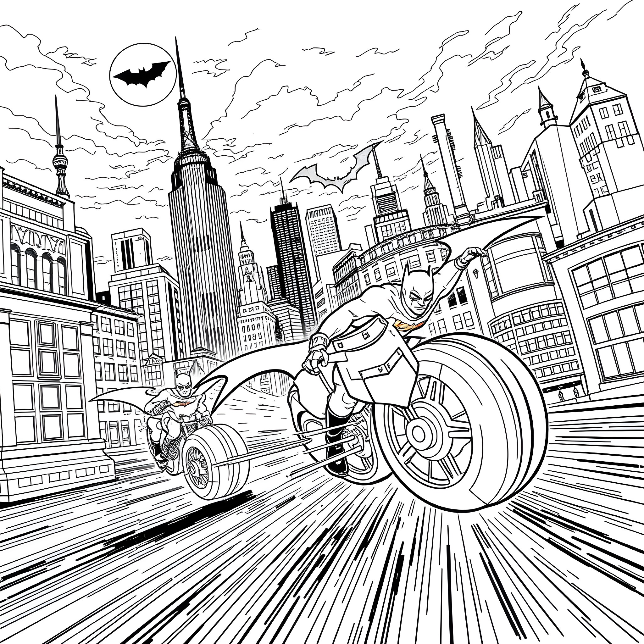 Bat-themed hero zooms through the city on a high-speed motorcycle Coloring Page (free black-and-white line drawing printable PDF for all, from beginners to advanced learners, including children, teens, adults, and seniors)