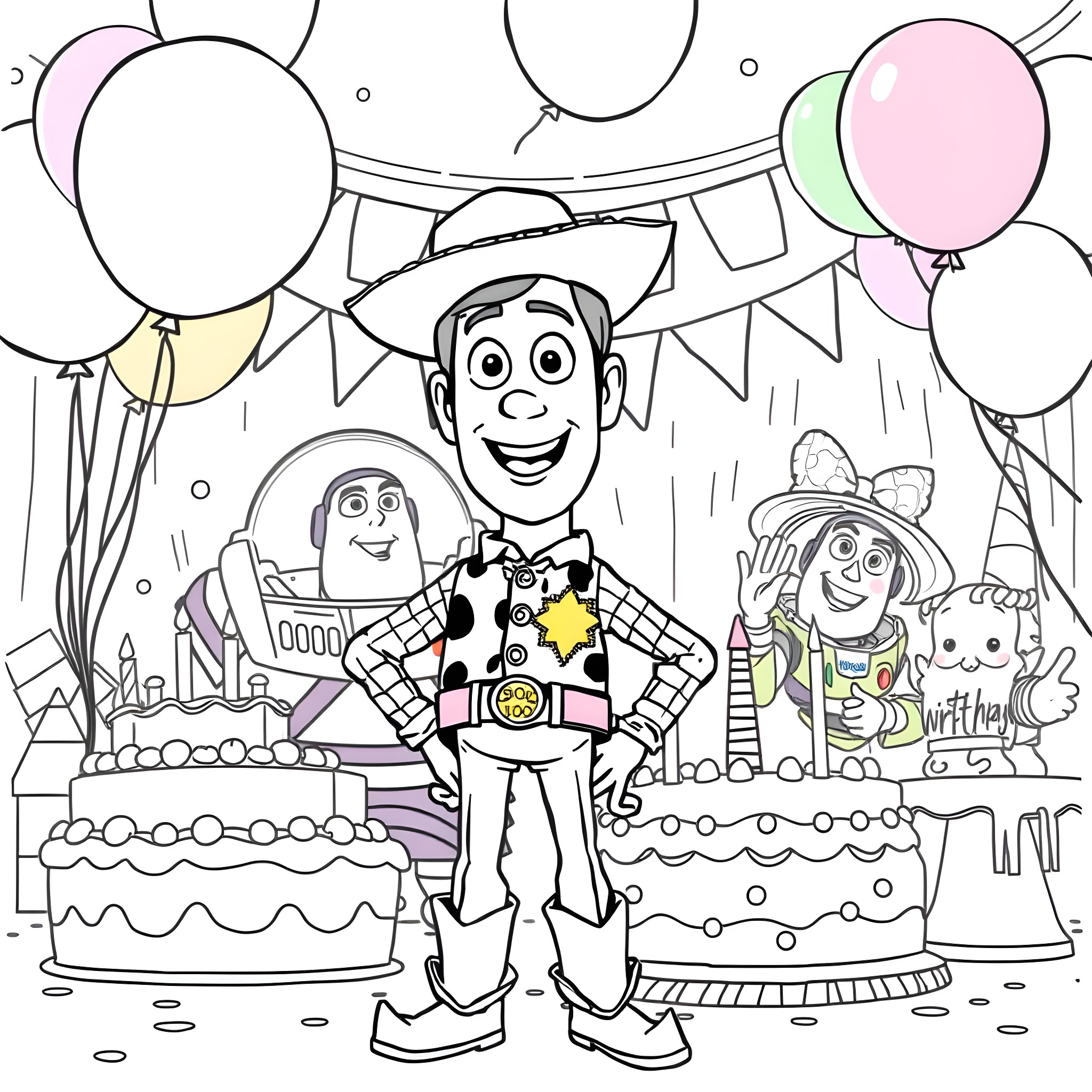 Woody's Birthday Celebration with Friends Coloring Page (free black-and-white line drawing printable PDF for all, from beginners to advanced learners, including children, teens, adults, and seniors)