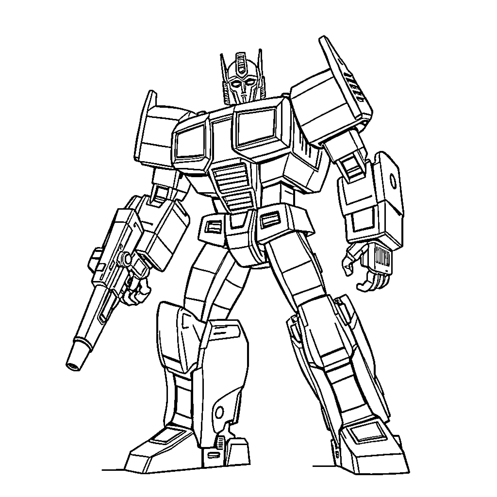 Transformer robot in action stance Coloring Page (free black-and-white line drawing printable PDF for all, from beginners to advanced learners, including children, teens, adults, and seniors)